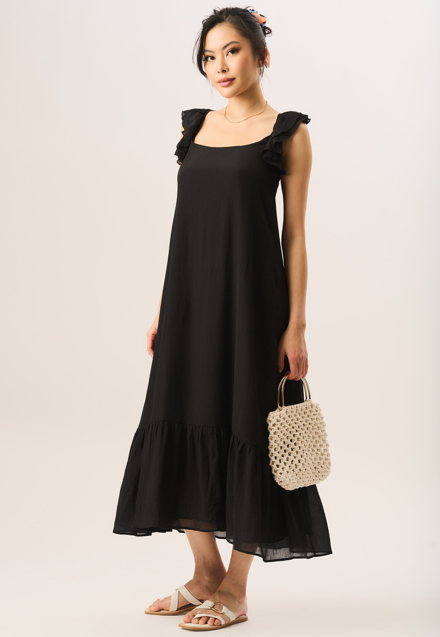 Black Ruffle Short Sleeve Viscose Maxi Dress