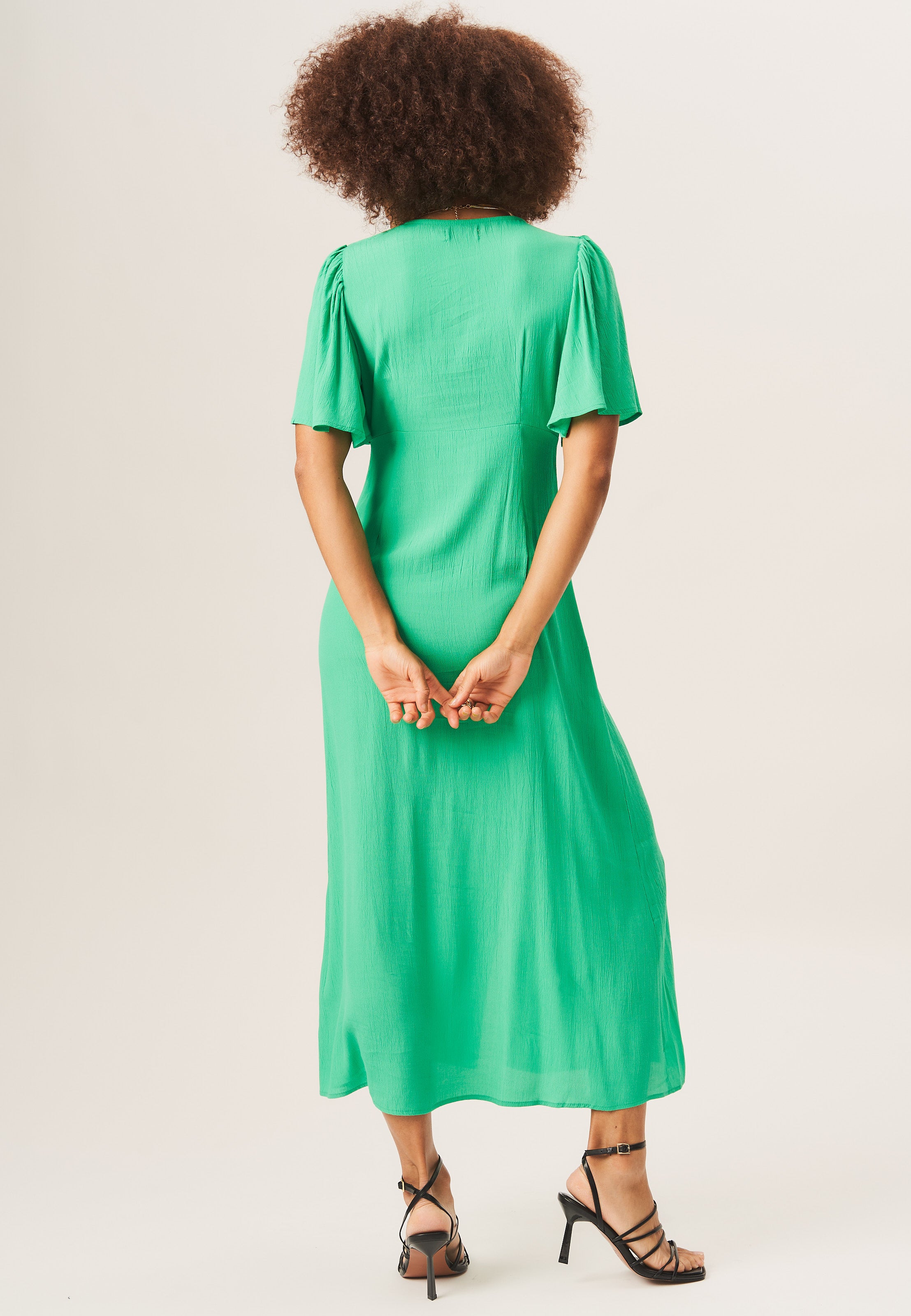 Green Angel Sleeves Button Down Midi Dress