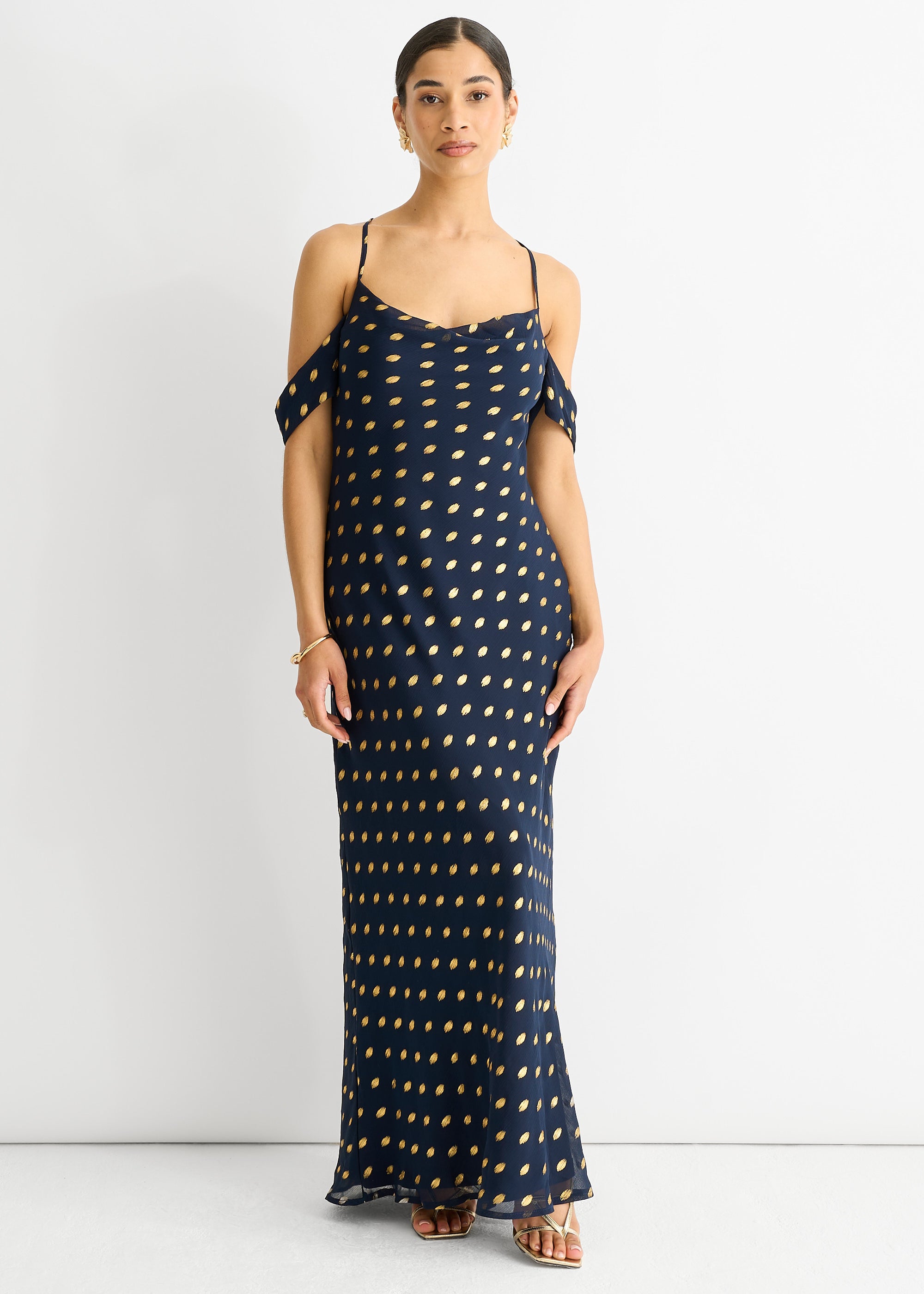 Navy Cowl Neck Drop Sleeves Foil Maxi Dress