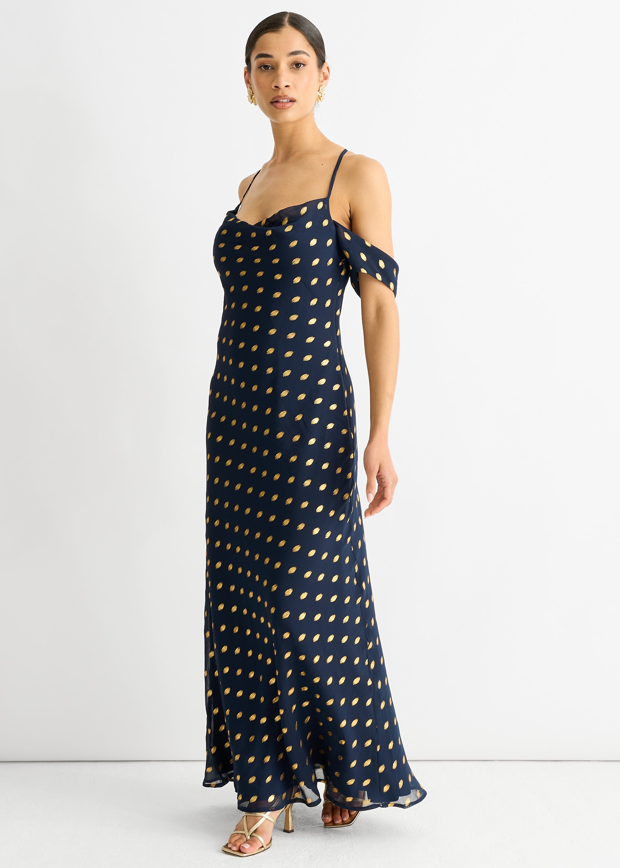 Navy Cowl Neck Drop Sleeves Foil Maxi Dress