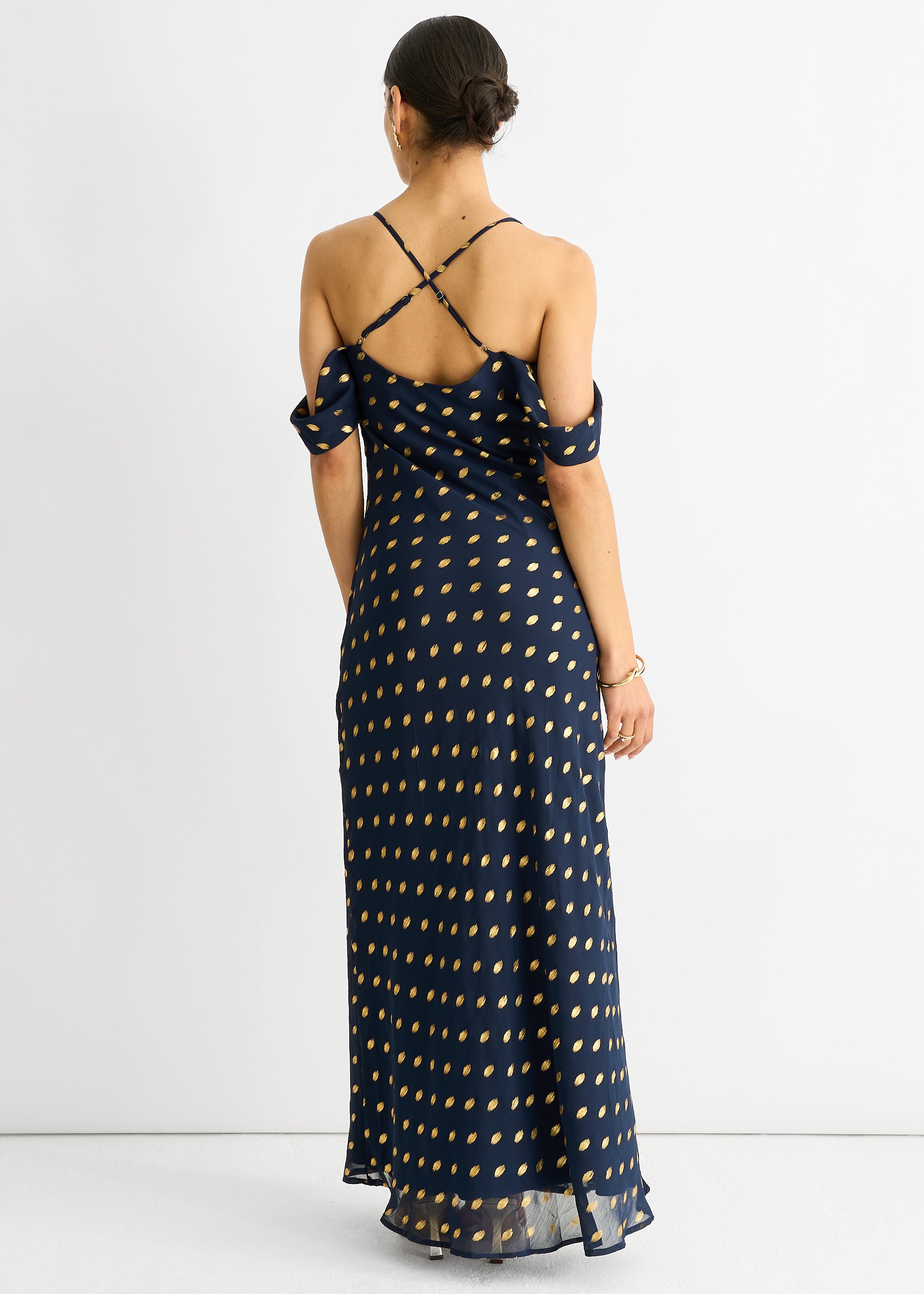 Navy Cowl Neck Drop Sleeves Foil Maxi Dress