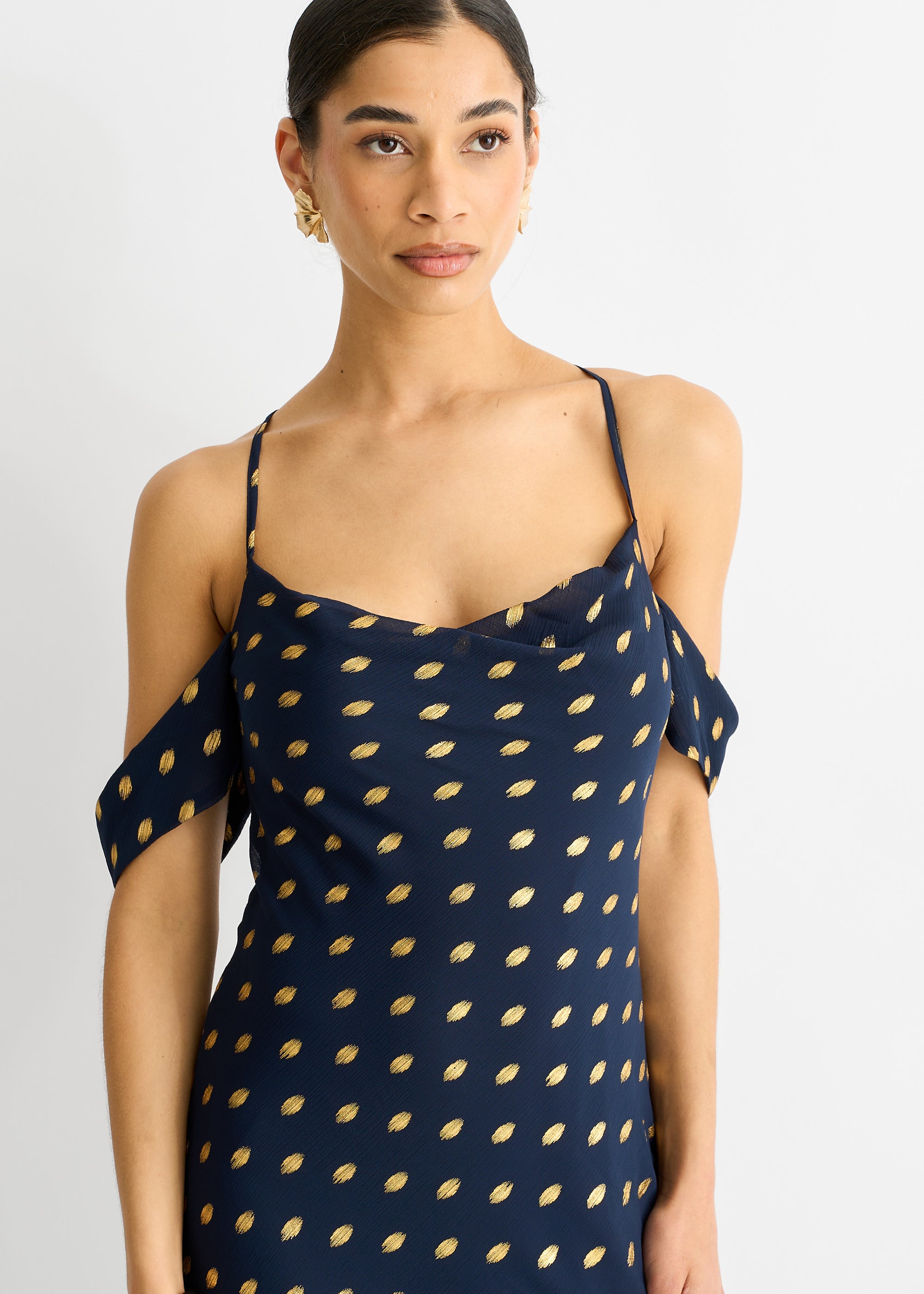 Navy Cowl Neck Drop Sleeves Foil Maxi Dress