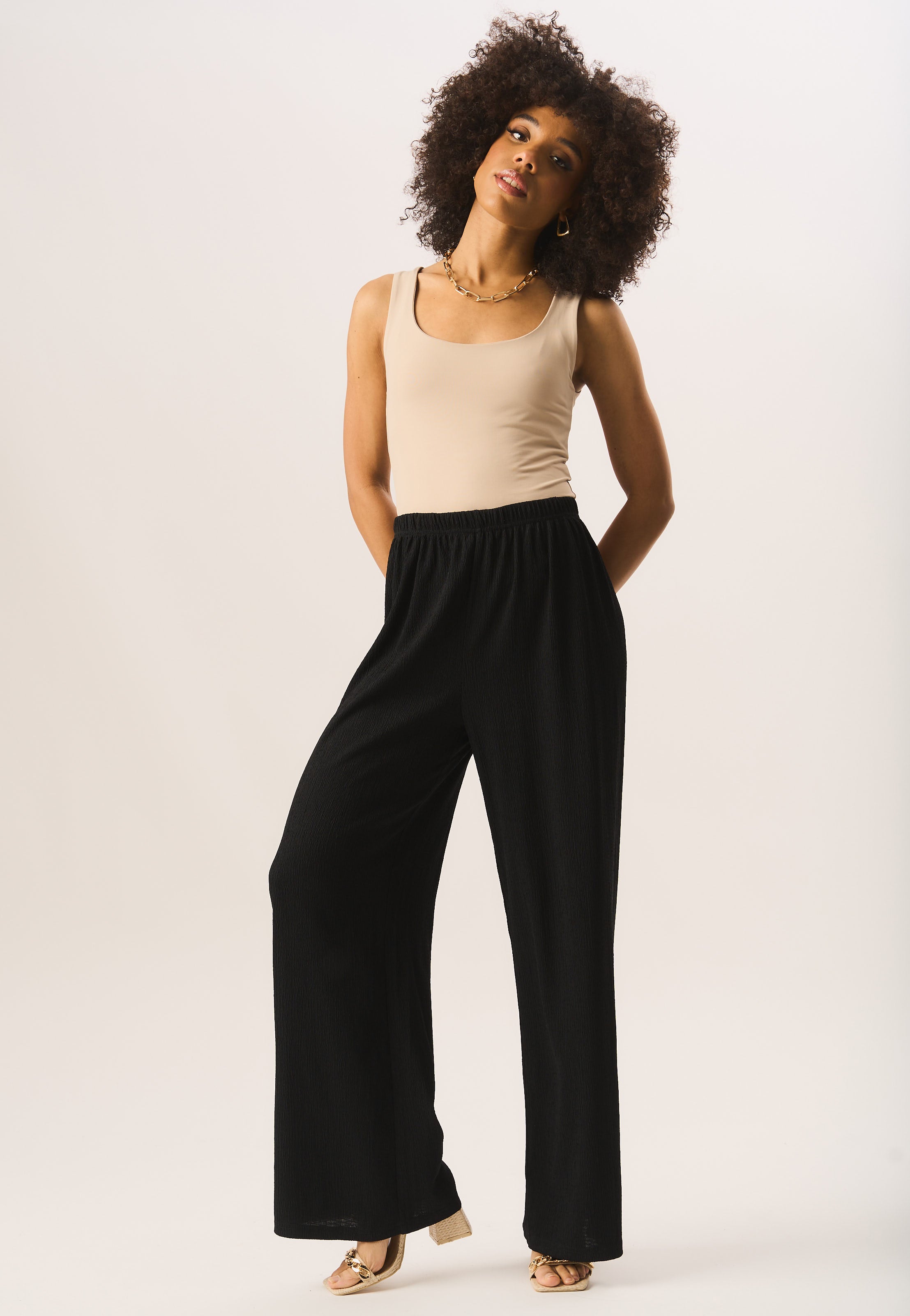 Black Textured Pull On Wide Leg Trousers