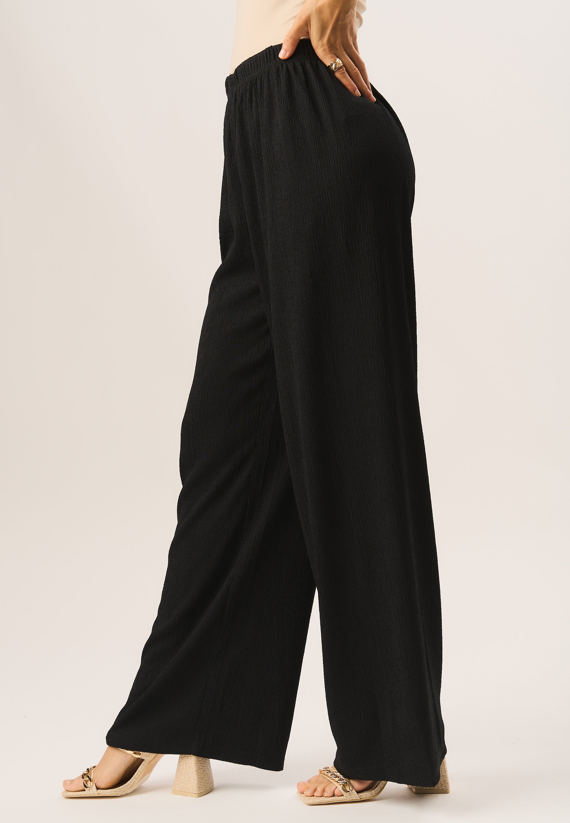 Black Textured Pull On Wide Leg Trousers