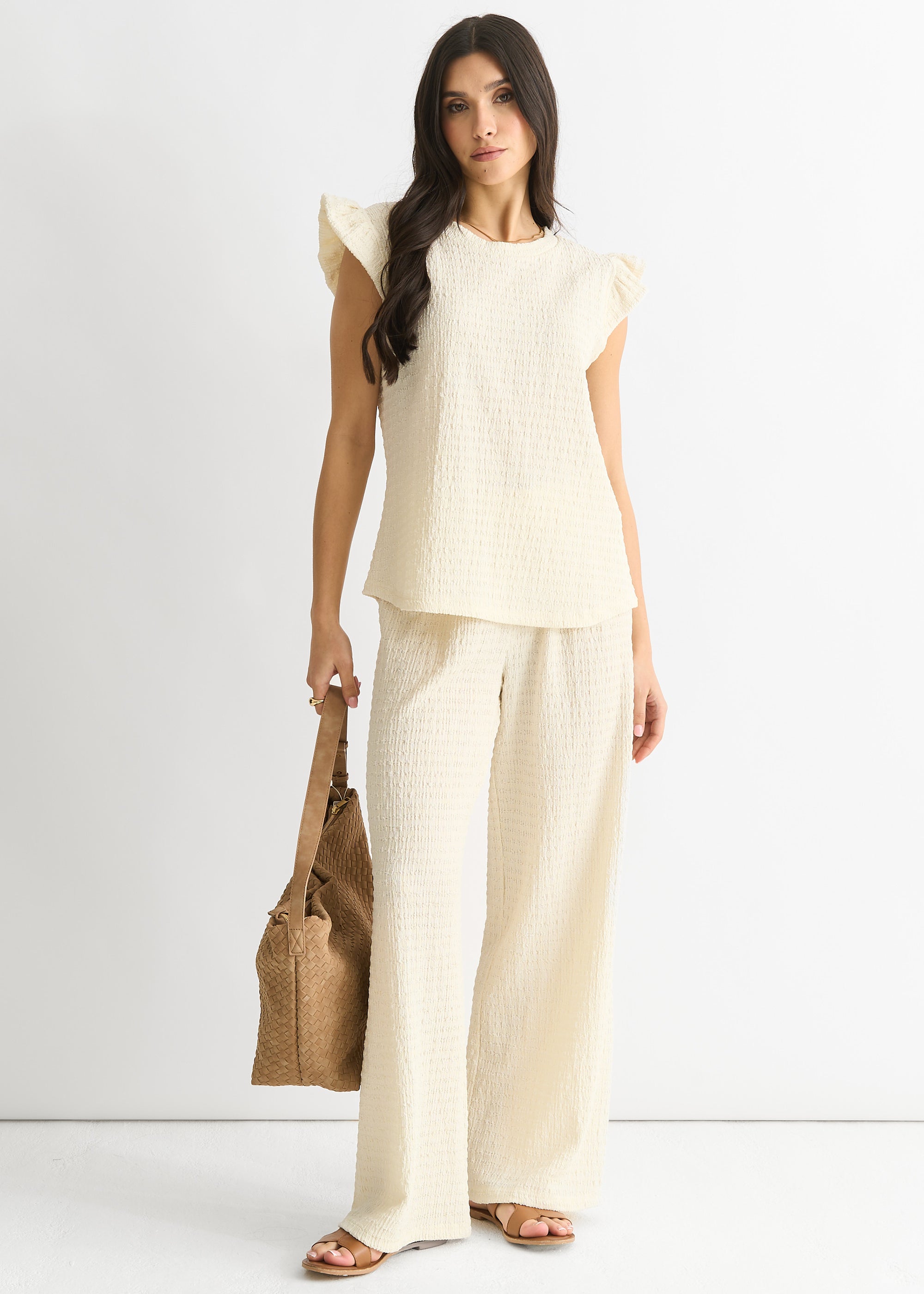 Ivory Textured Elastic Waist Pull On Trousers
