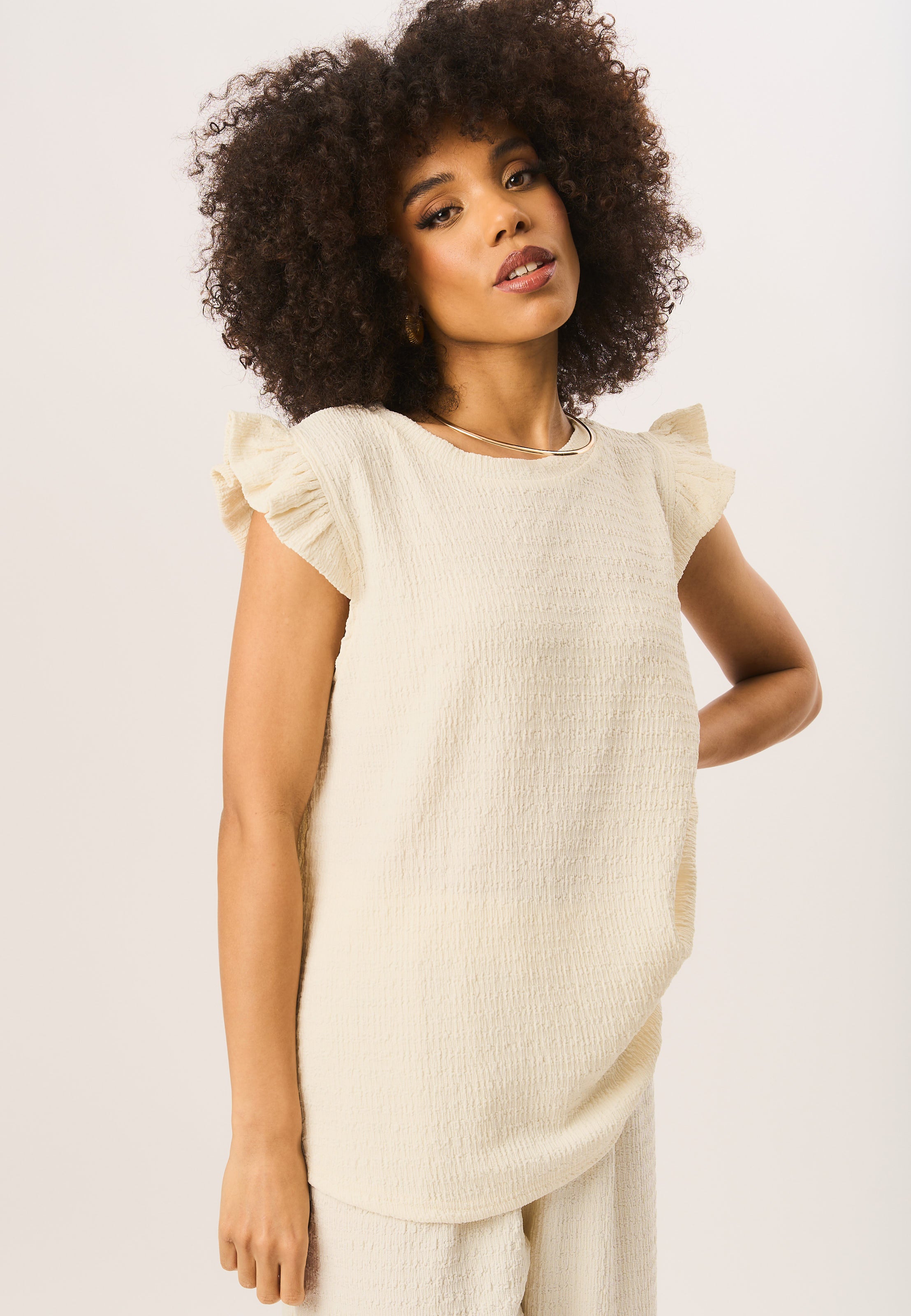 Ivory Frill Sleeves Textured Oversized Top