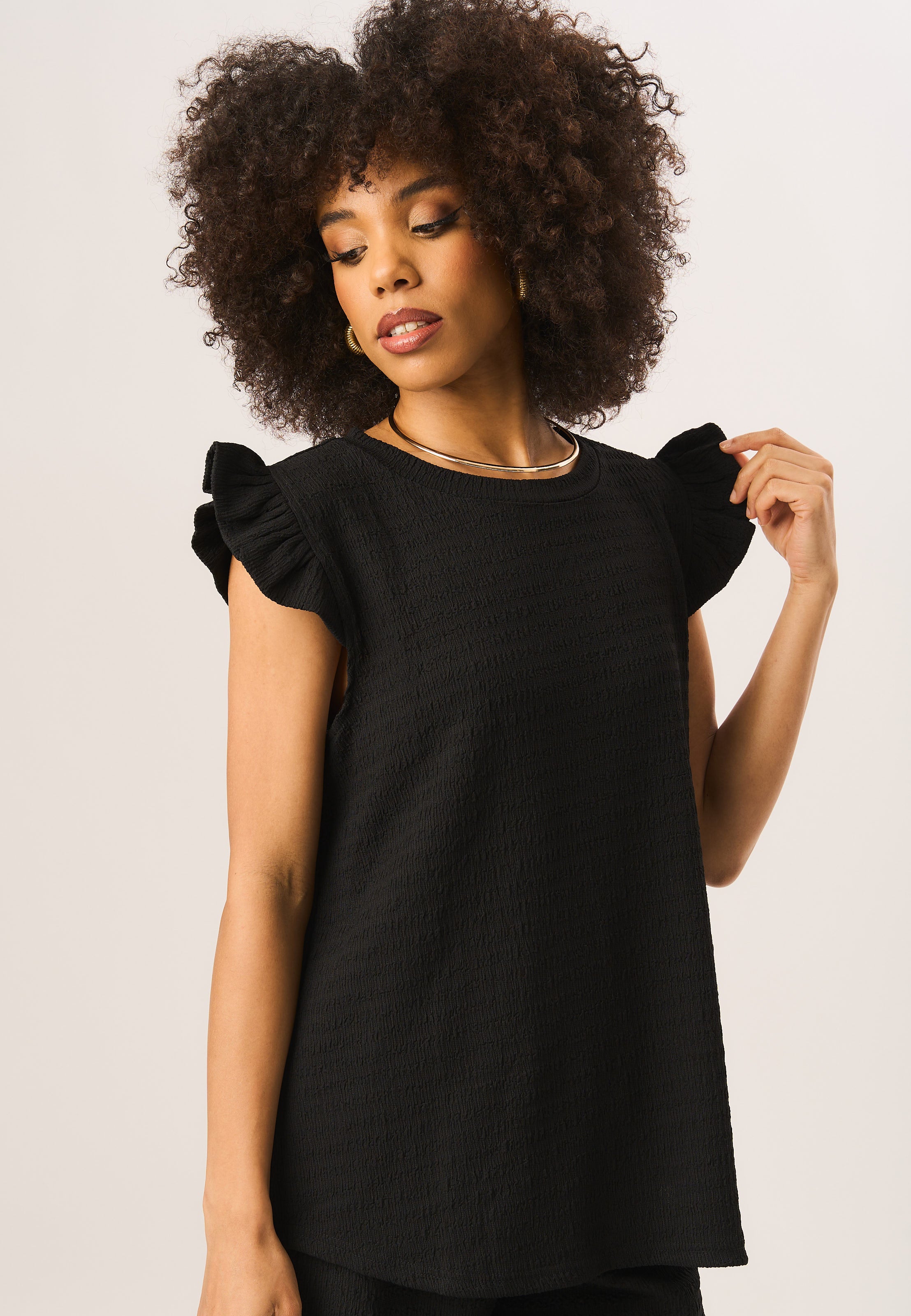 Black Frill Sleeves Textured Oversized Top