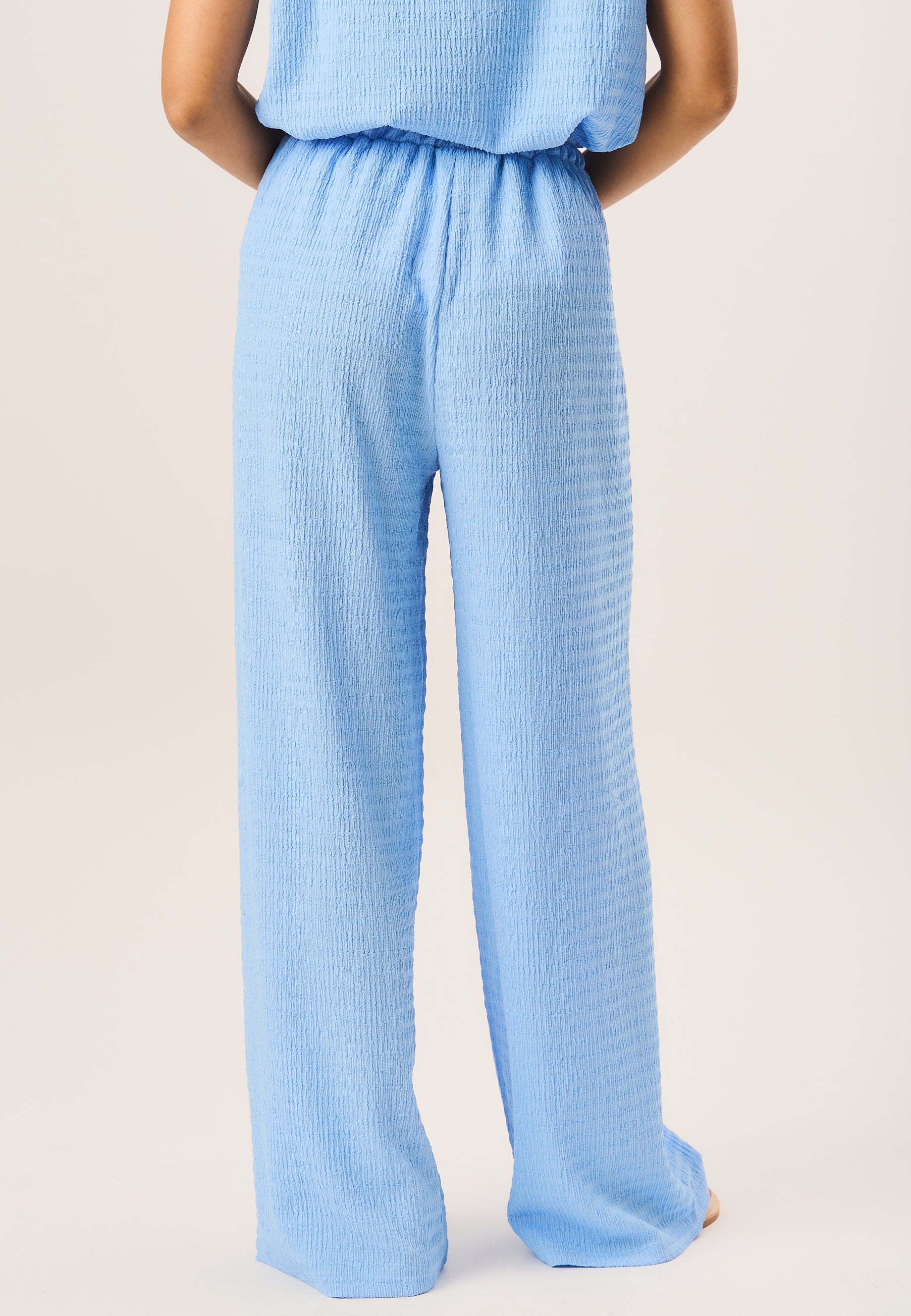 Blue Textured Elastic Waist Pull On Trousers