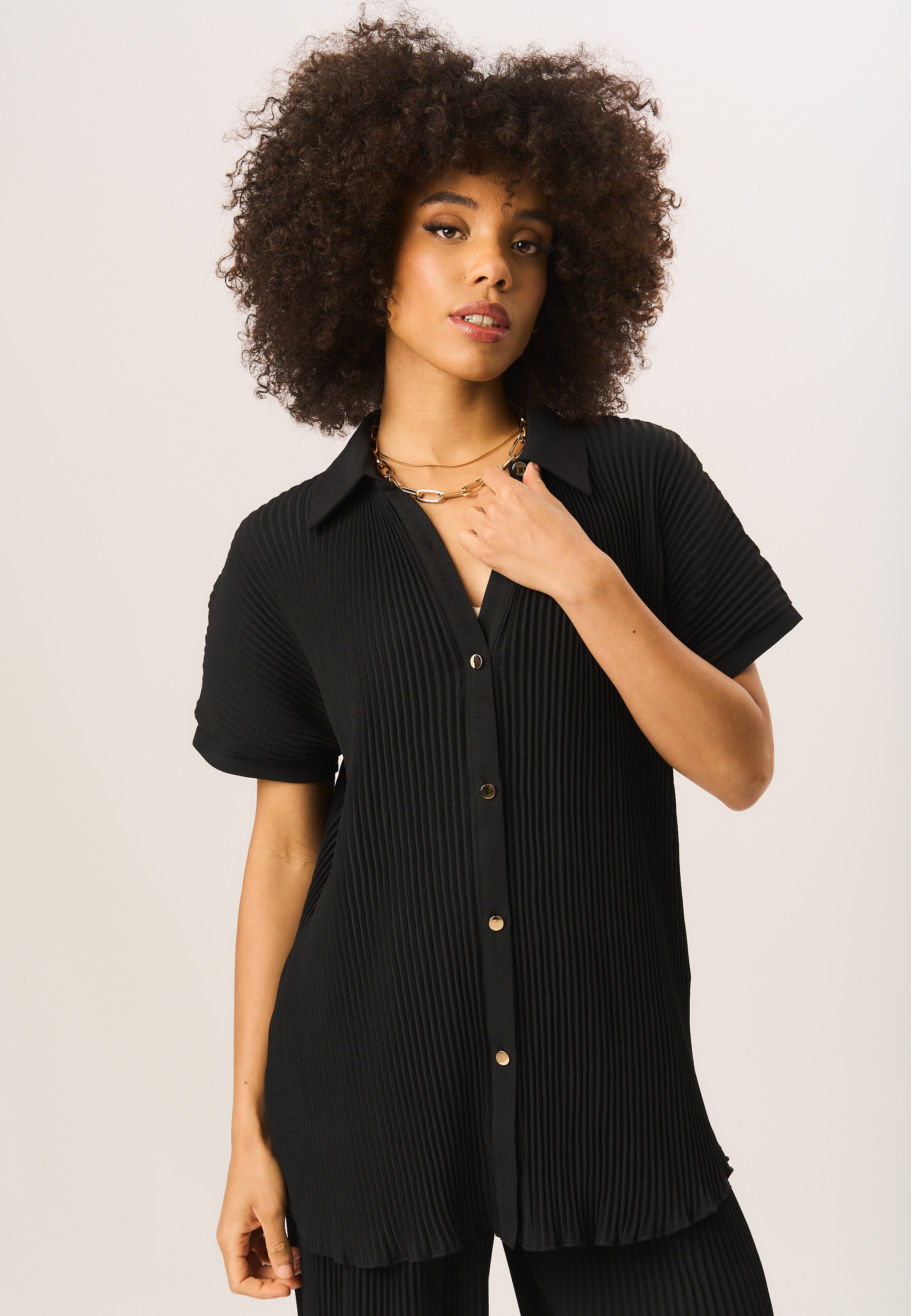 Black Plisse Short Sleeve Oversized Shirt