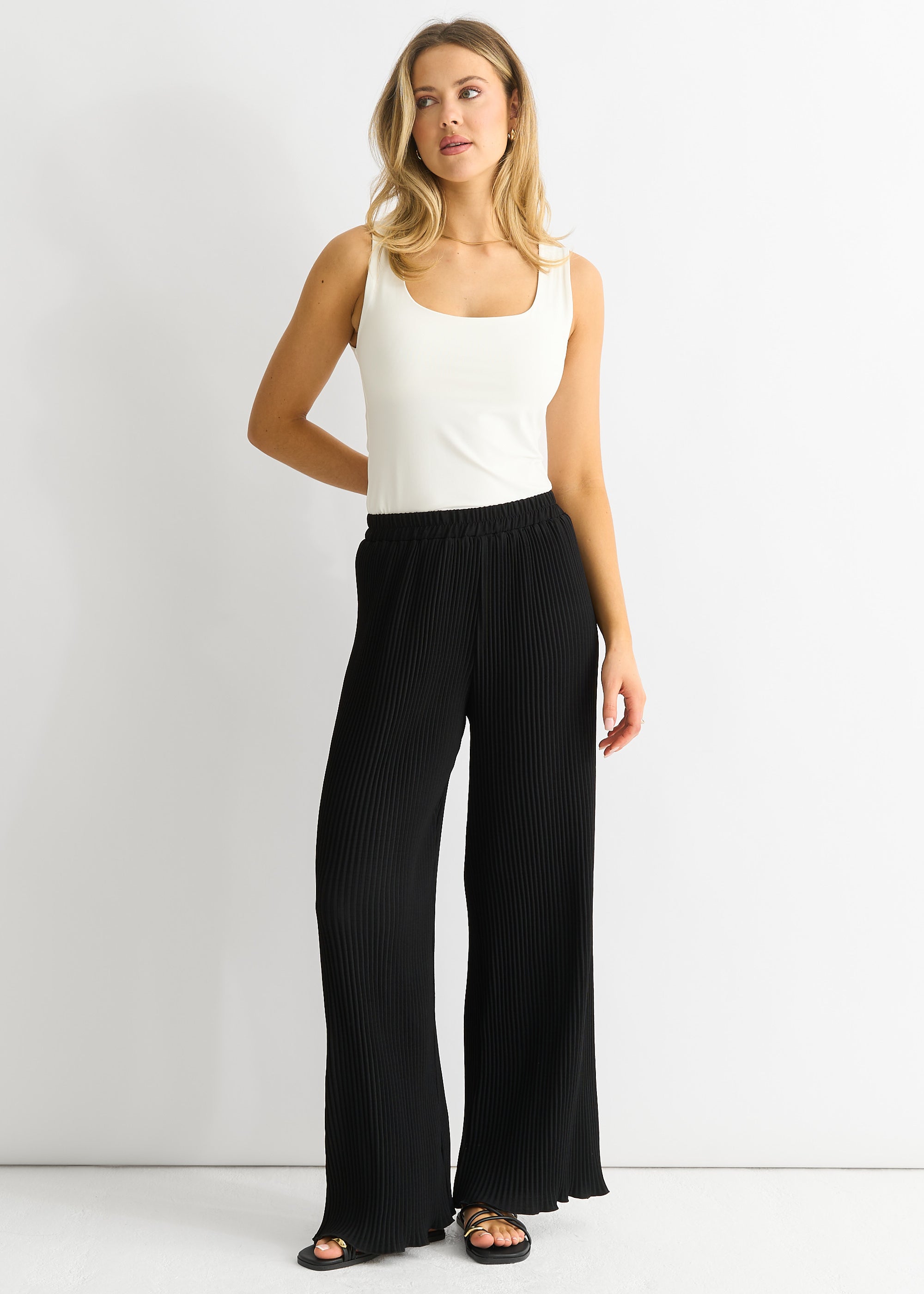 Black Plisse Loungewear Wide Leg Trousers