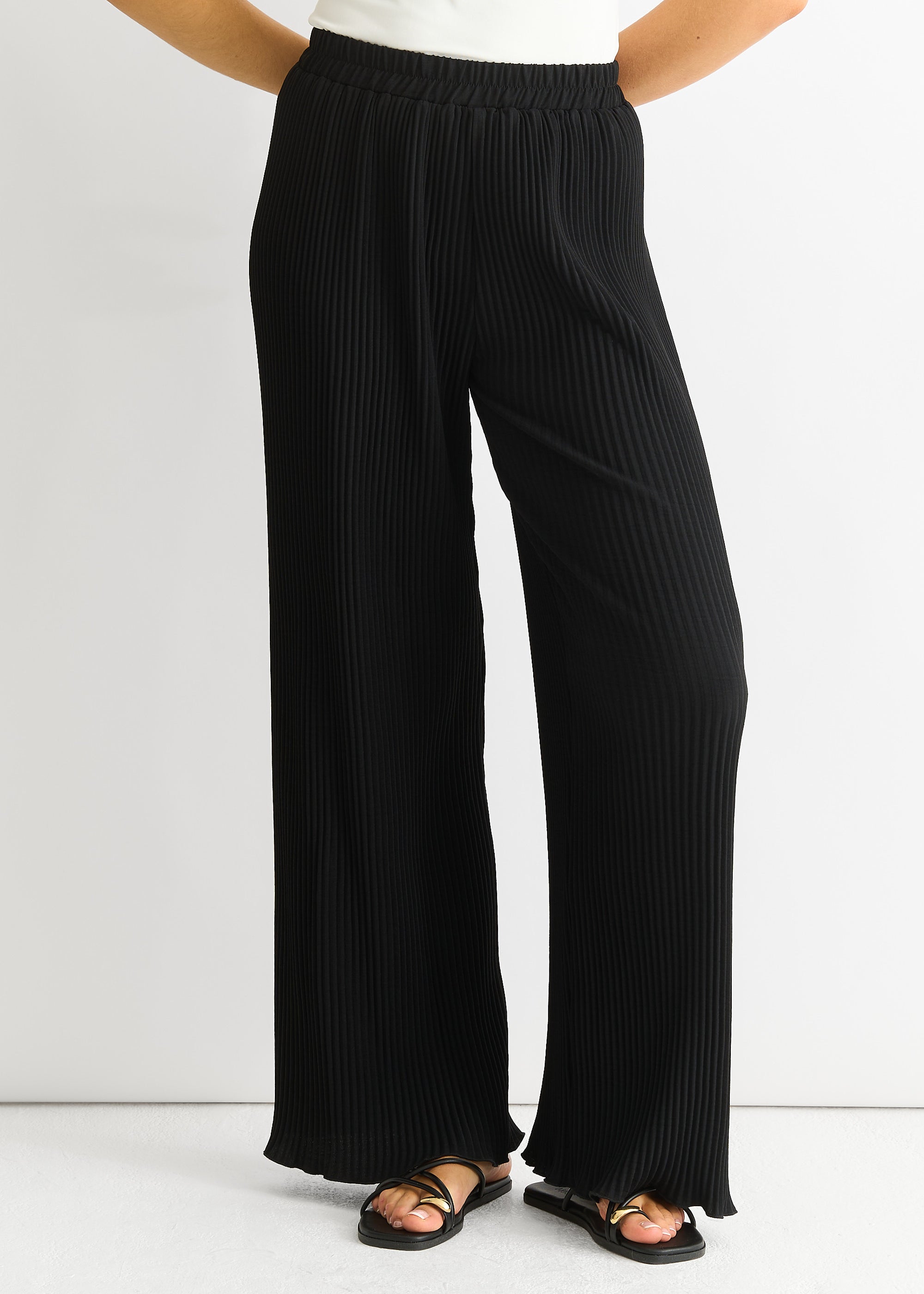 Black Plisse Loungewear Wide Leg Trousers