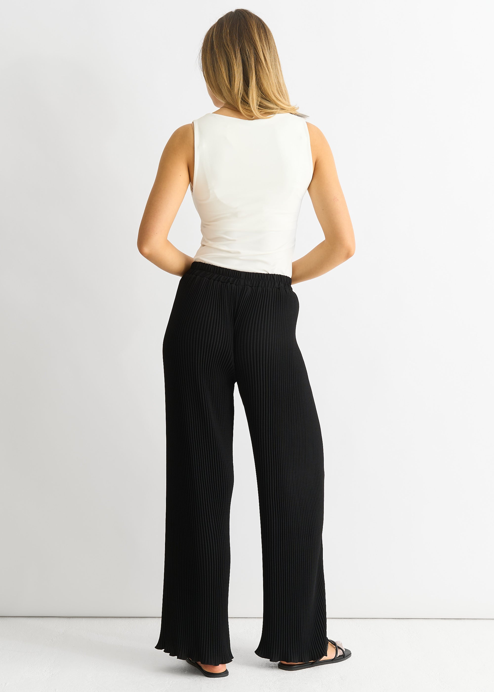 Black Plisse Loungewear Wide Leg Trousers