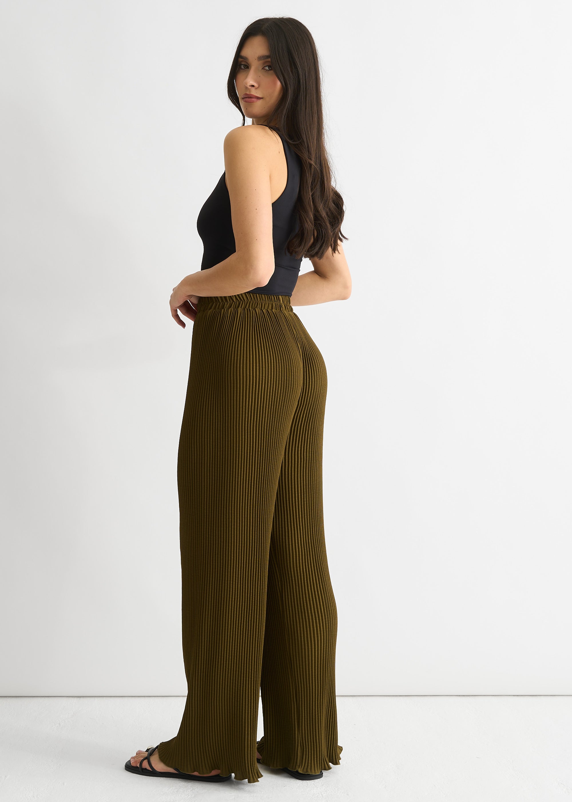 Olive Plisse Loungewear Wide Leg Trouser
