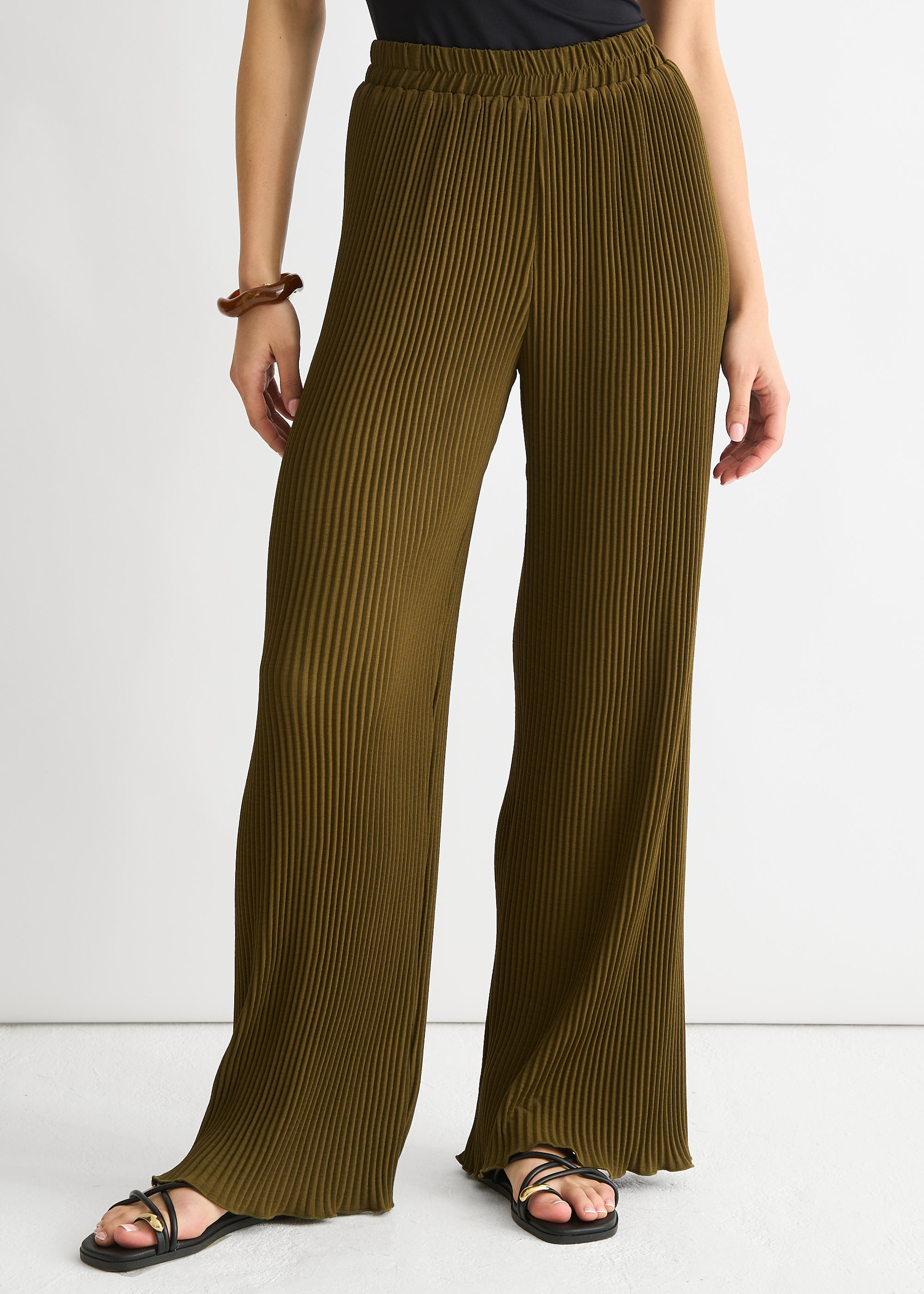Olive Plisse Loungewear Wide Leg Trouser