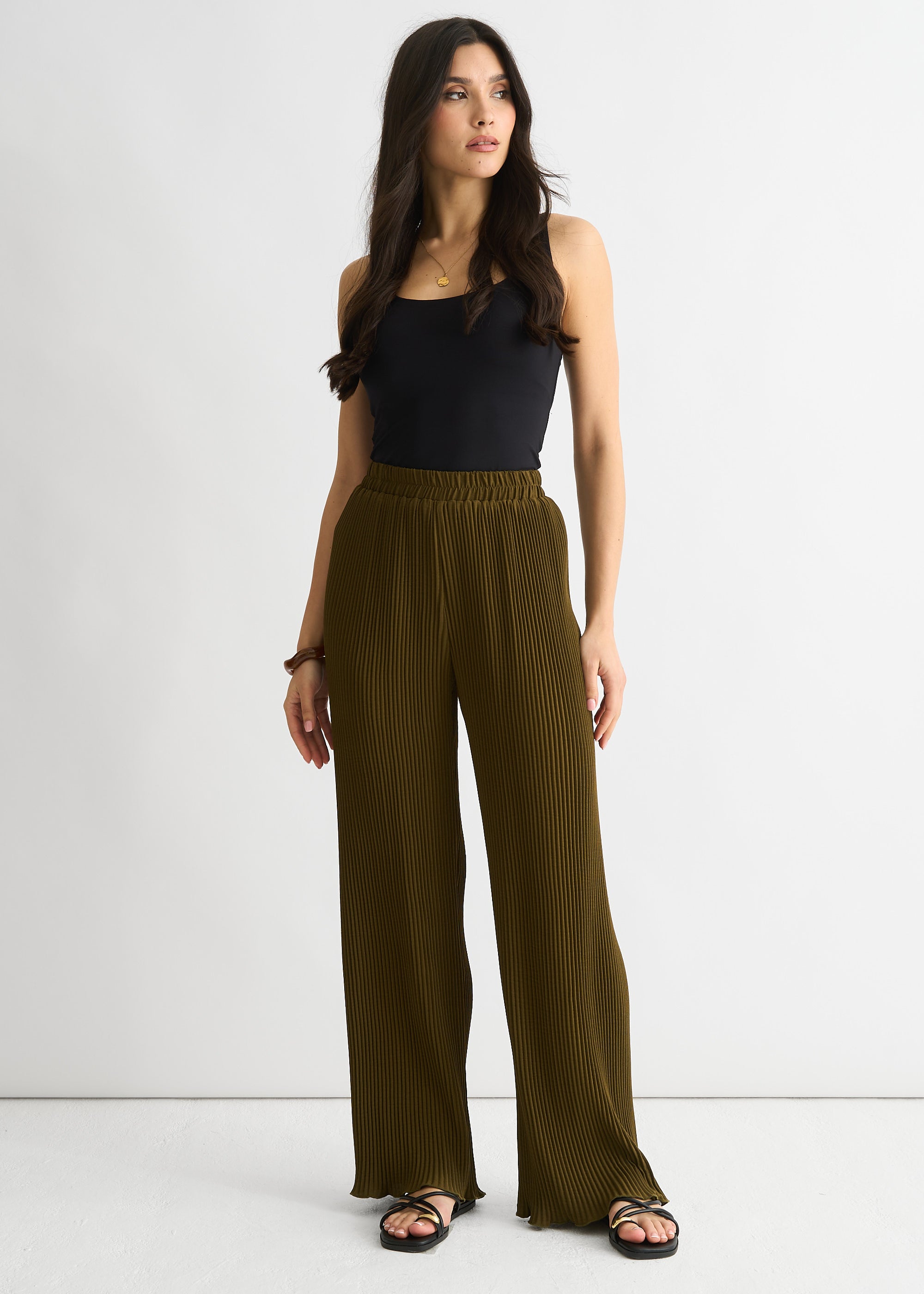 Olive Plisse Loungewear Wide Leg Trouser