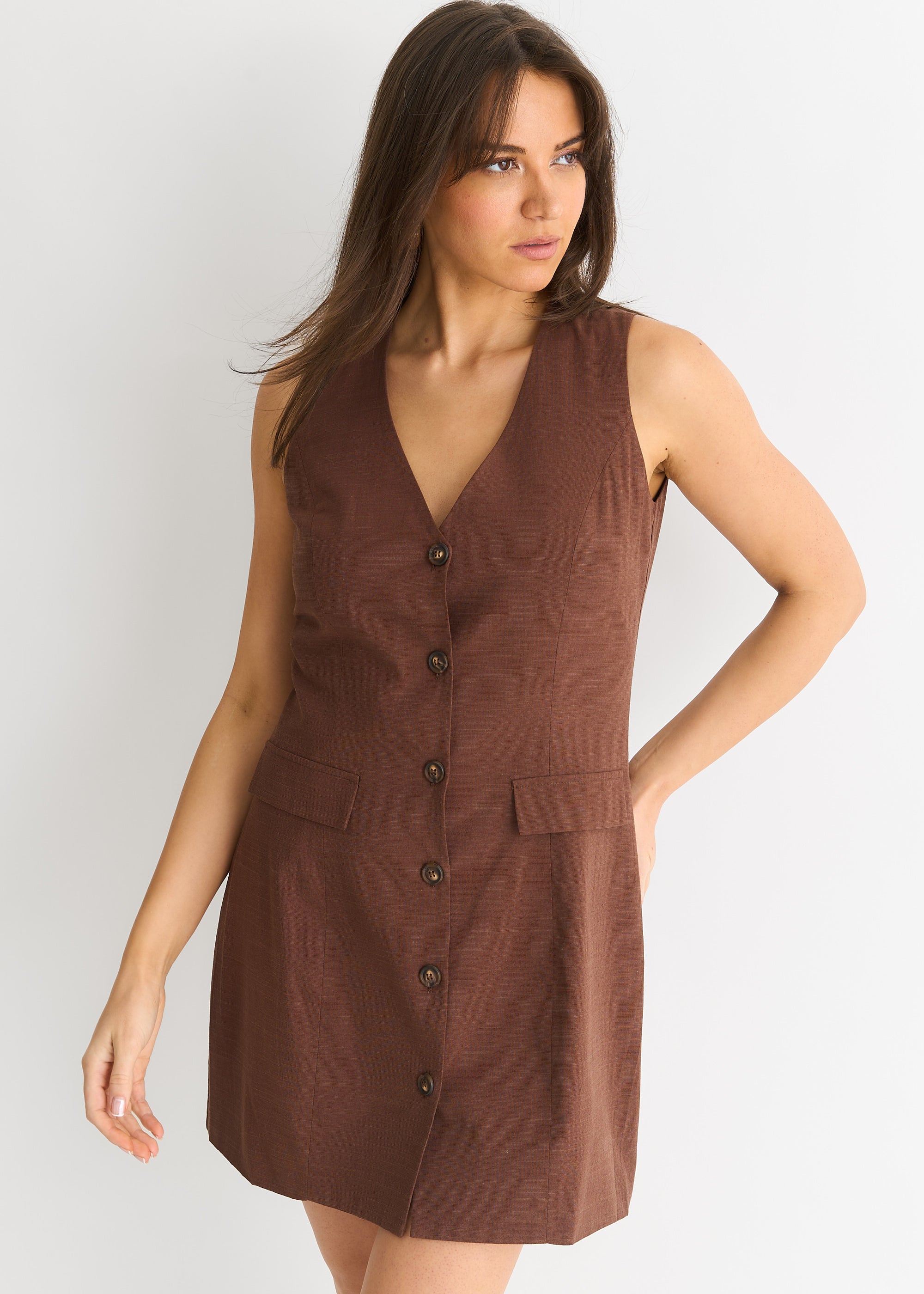 Chocolate Linen Button Through  Mini Shirt Dress