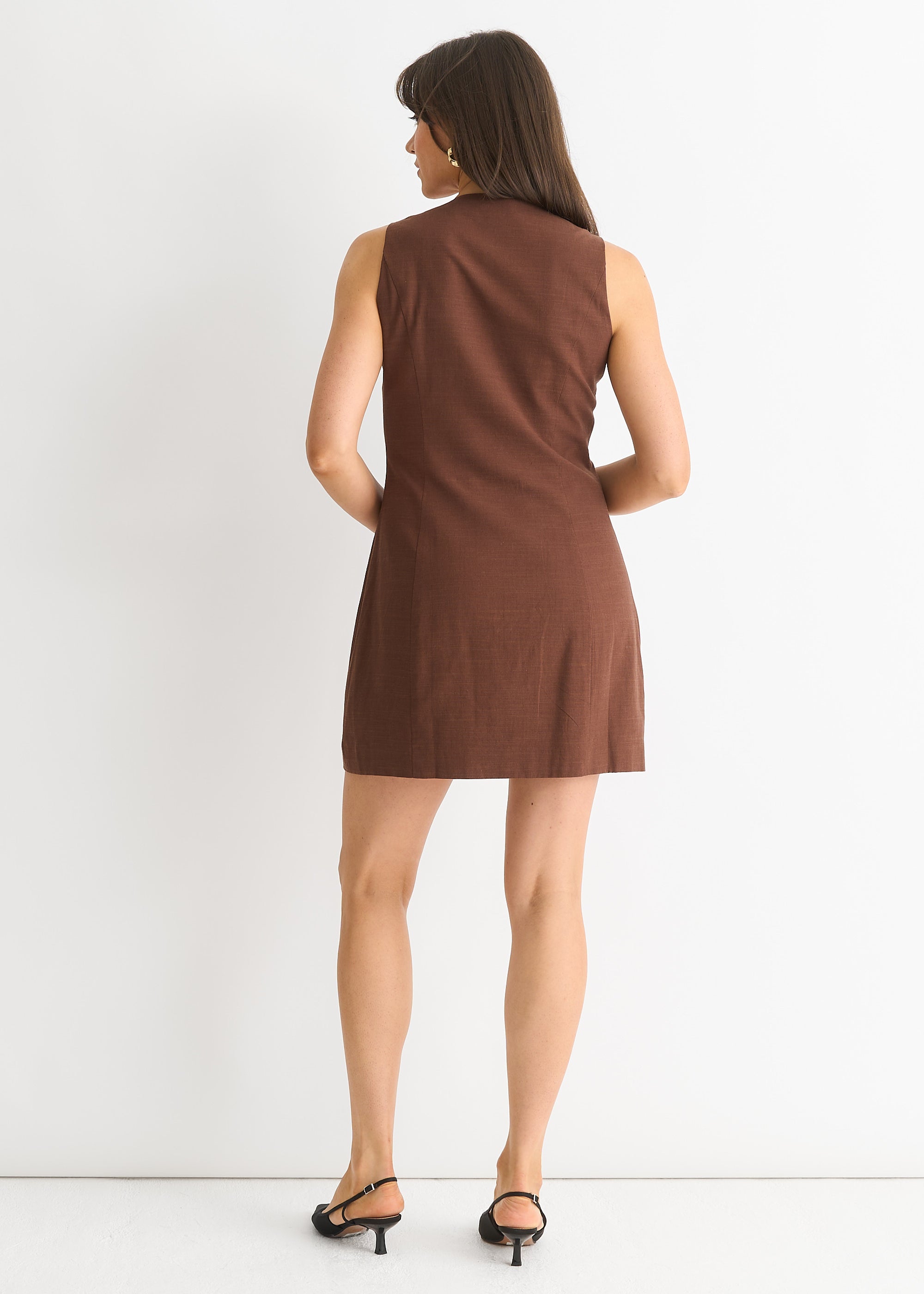 Chocolate Linen Button Through  Mini Shirt Dress