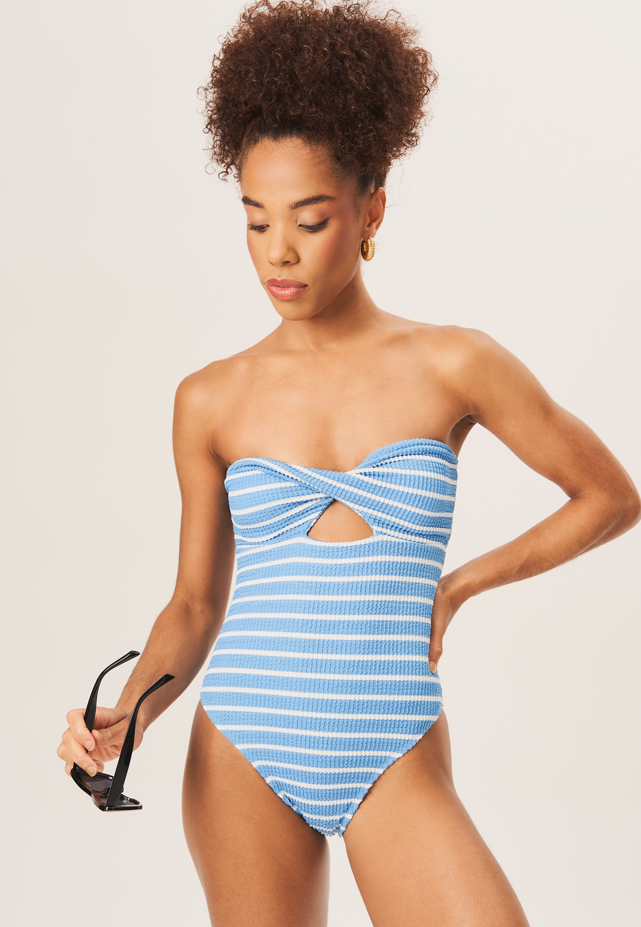 Blue Twist Front Textured Swimsuit