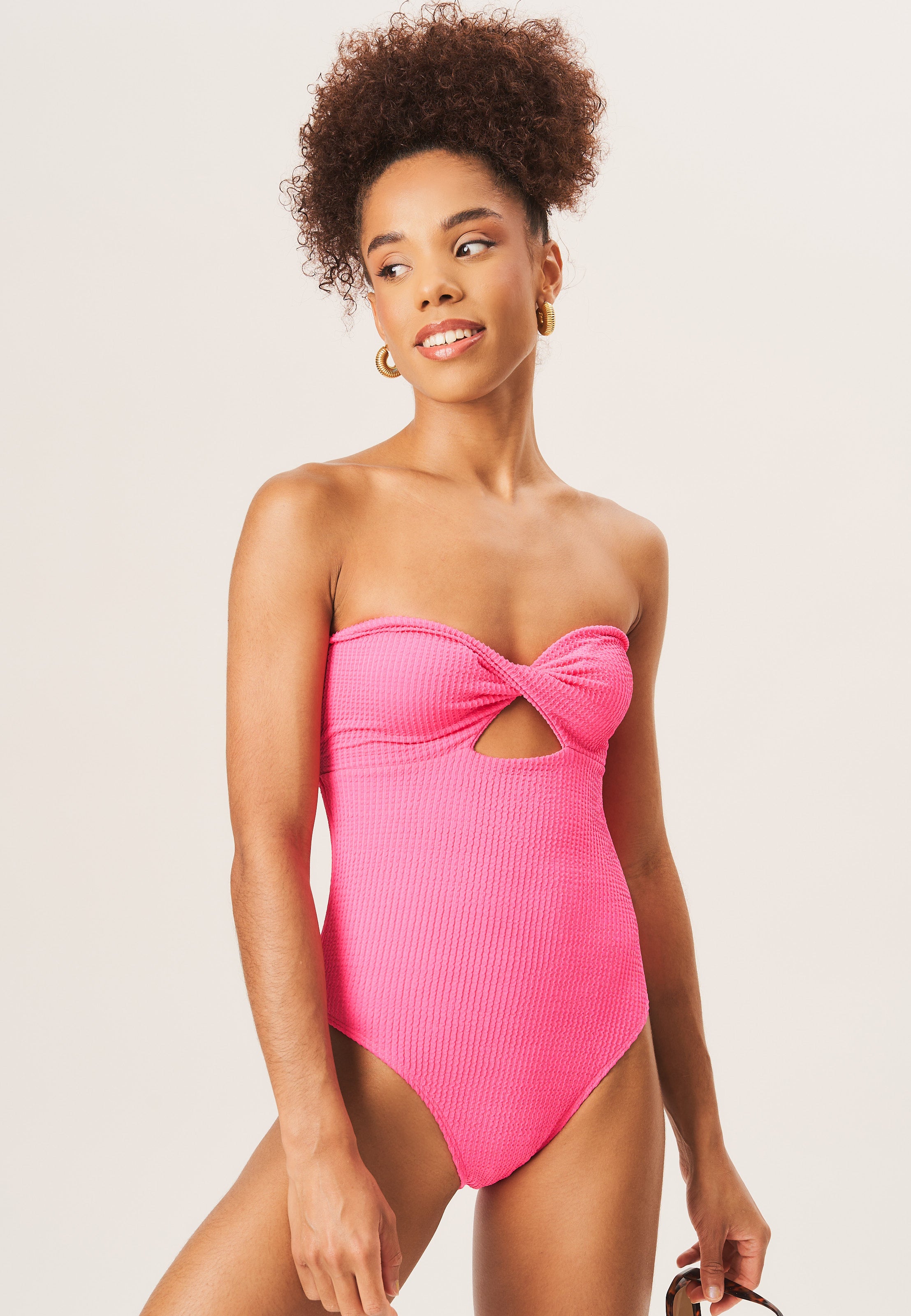 Hot Pink Twist Front Textured Swimsuit