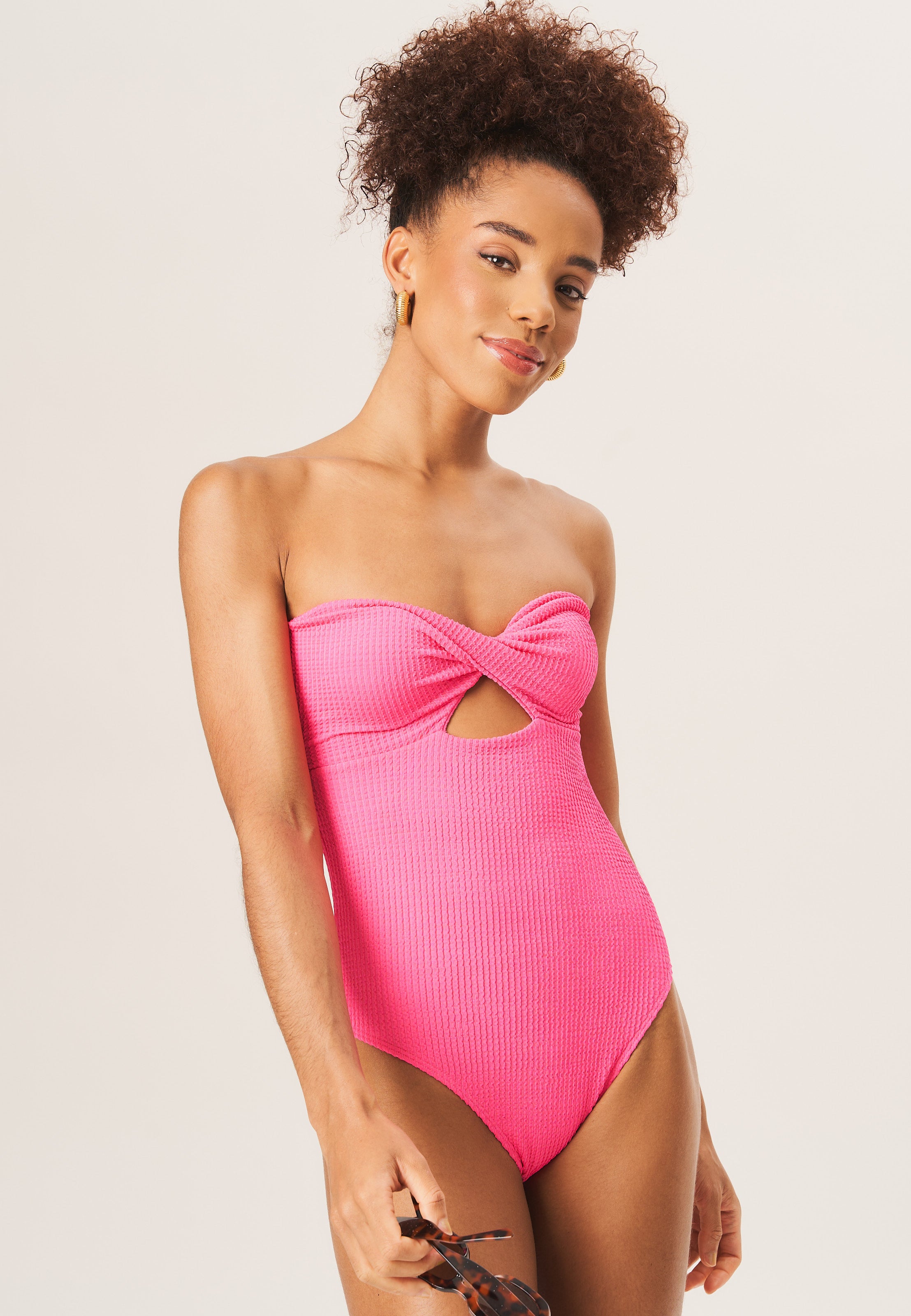 Hot Pink Twist Front Textured Swimsuit