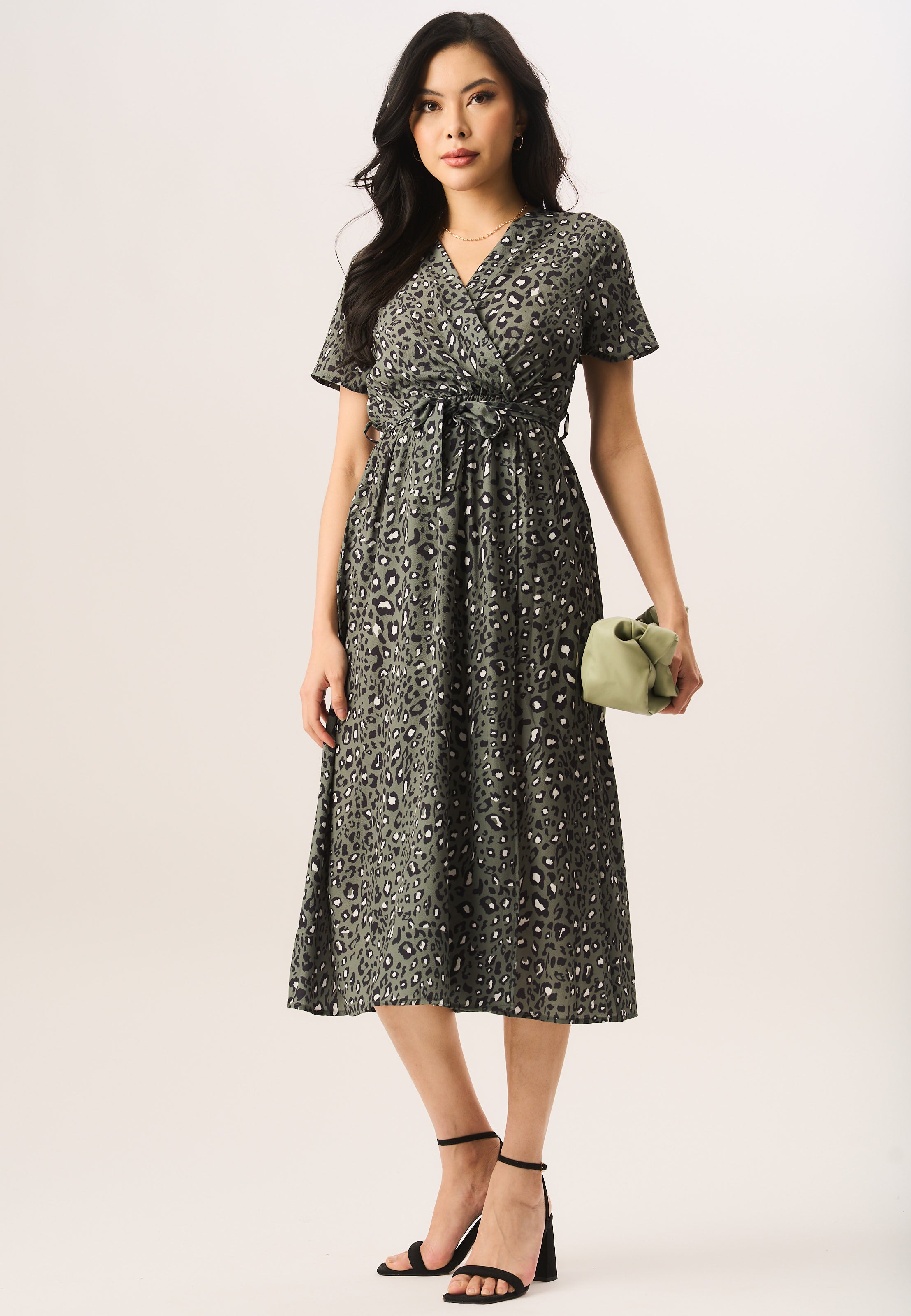 Khaki Short Sleeve Animal Print Wrap Maxi Dress