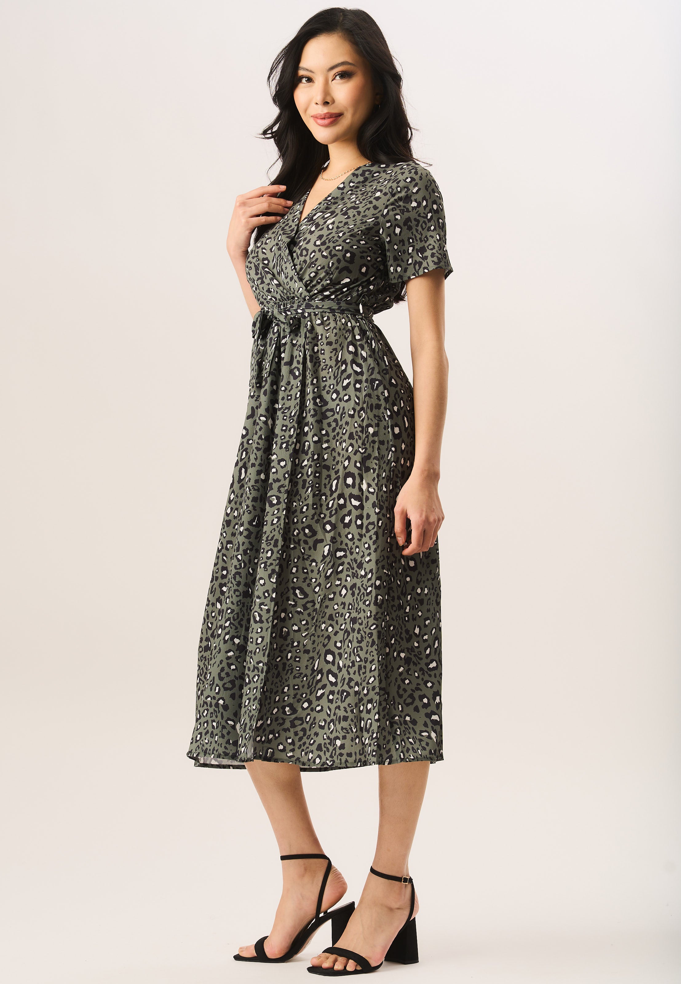 Khaki Short Sleeve Animal Print Wrap Maxi Dress