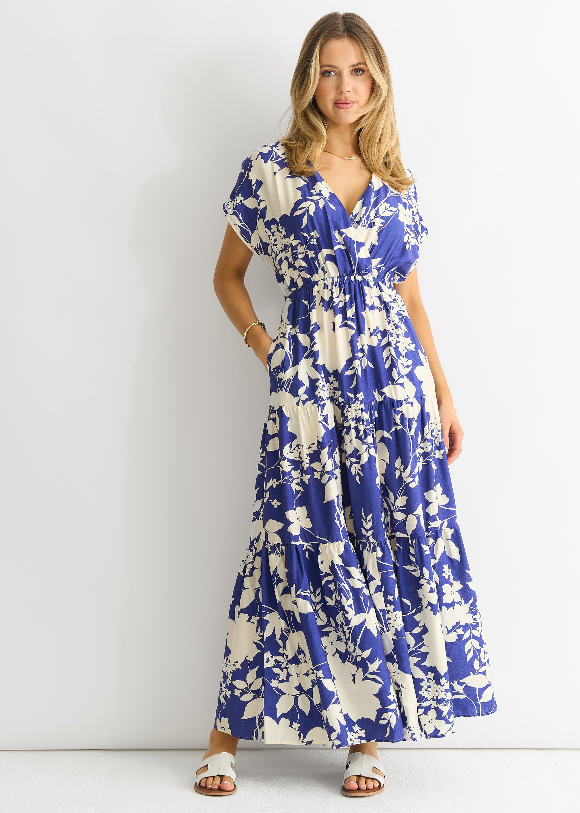 Blue Floral Elastic Waist Maxi Dress
