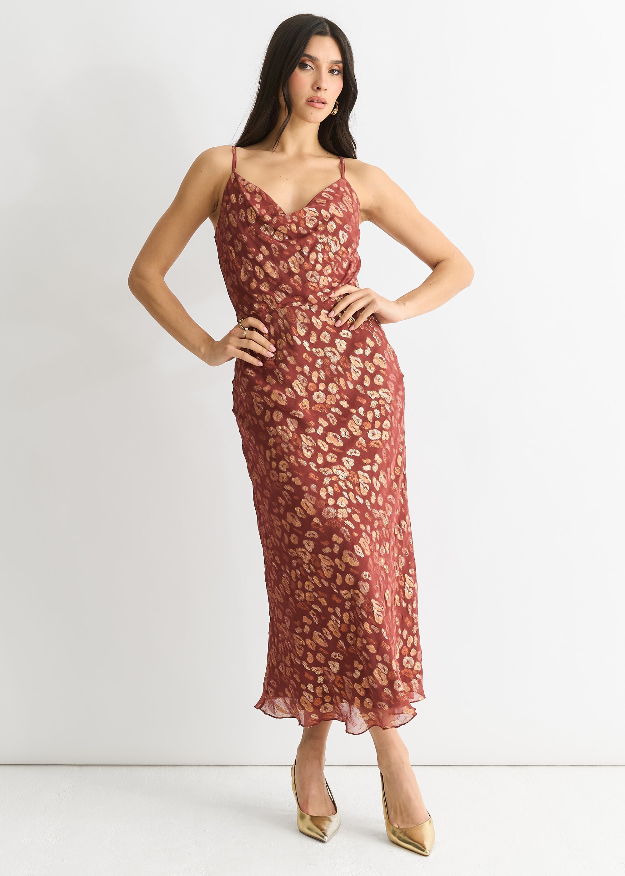 Brown Viscose Animal Jacquard Cowl Midi Dress