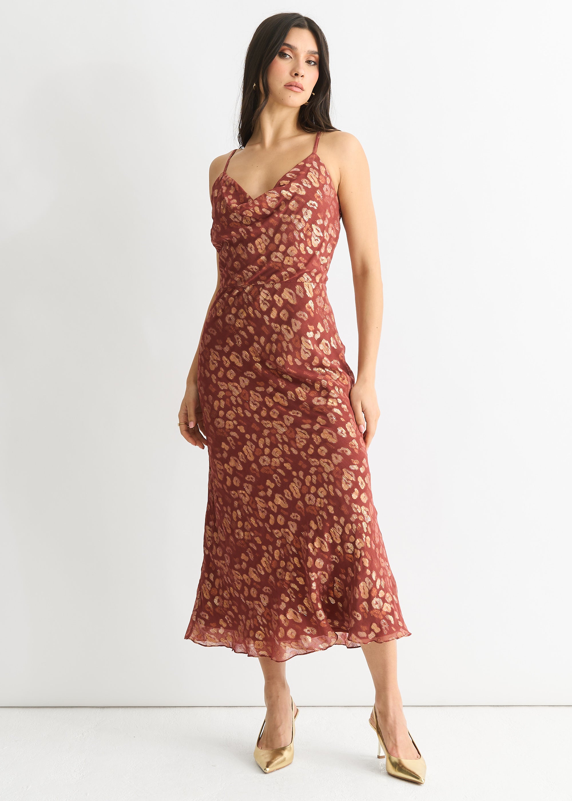Brown Viscose Animal Jacquard Cowl Midi Dress