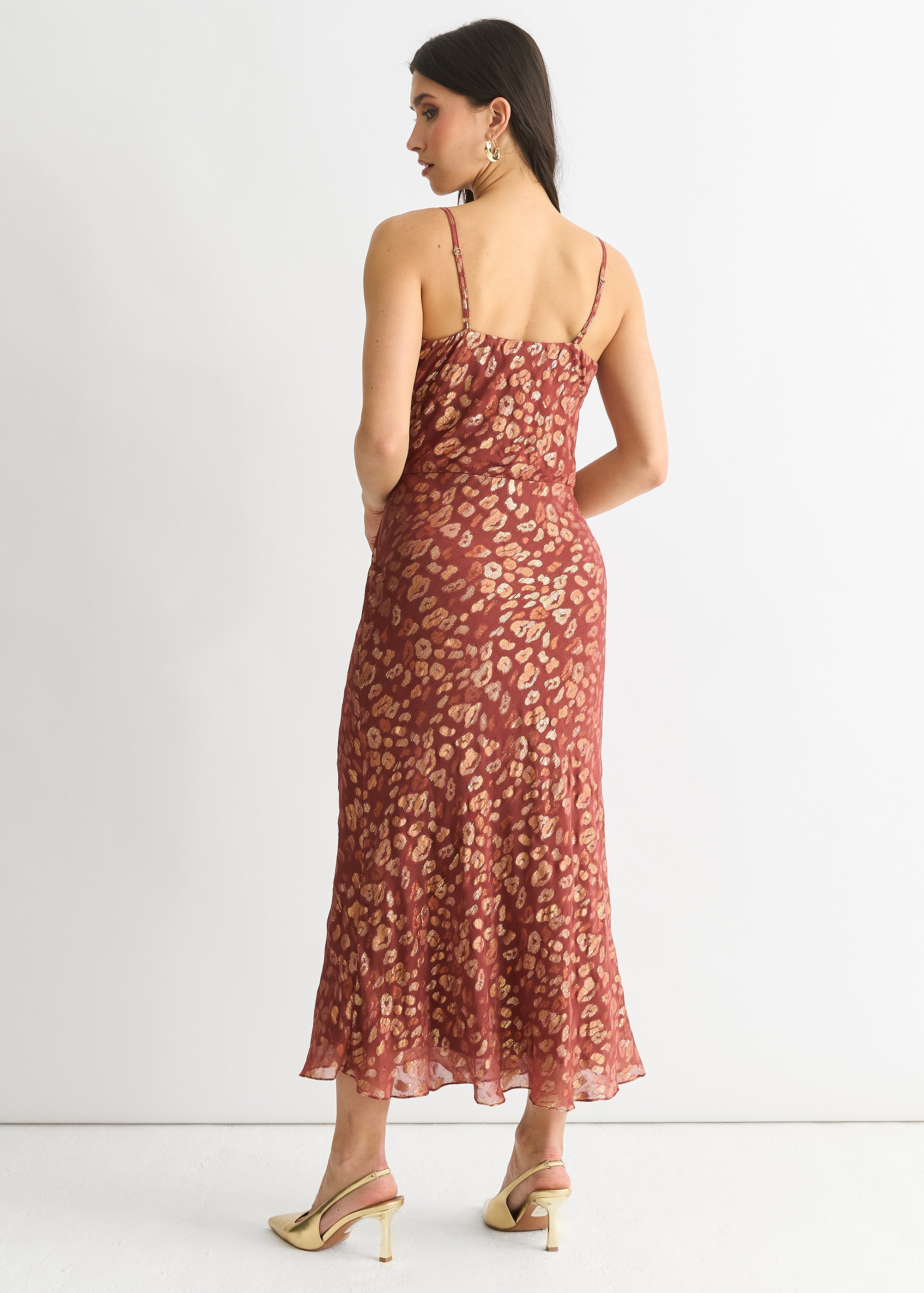 Brown Viscose Animal Jacquard Cowl Midi Dress