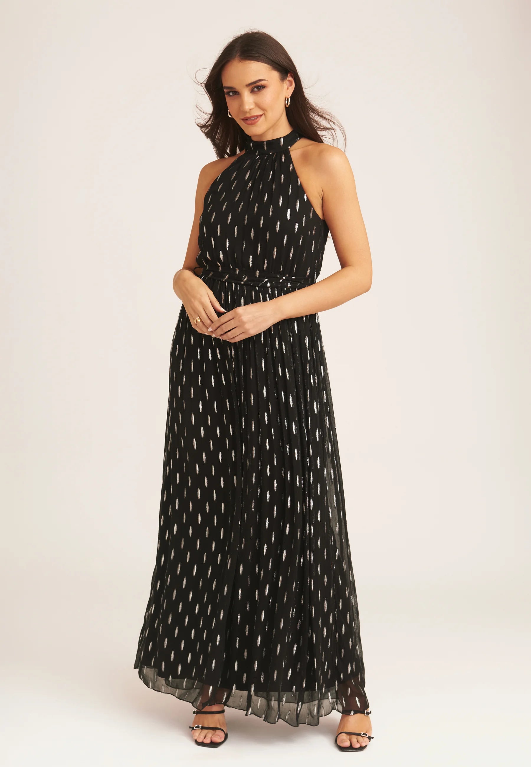 Black Jacquard Halter Neck Maxi Dress