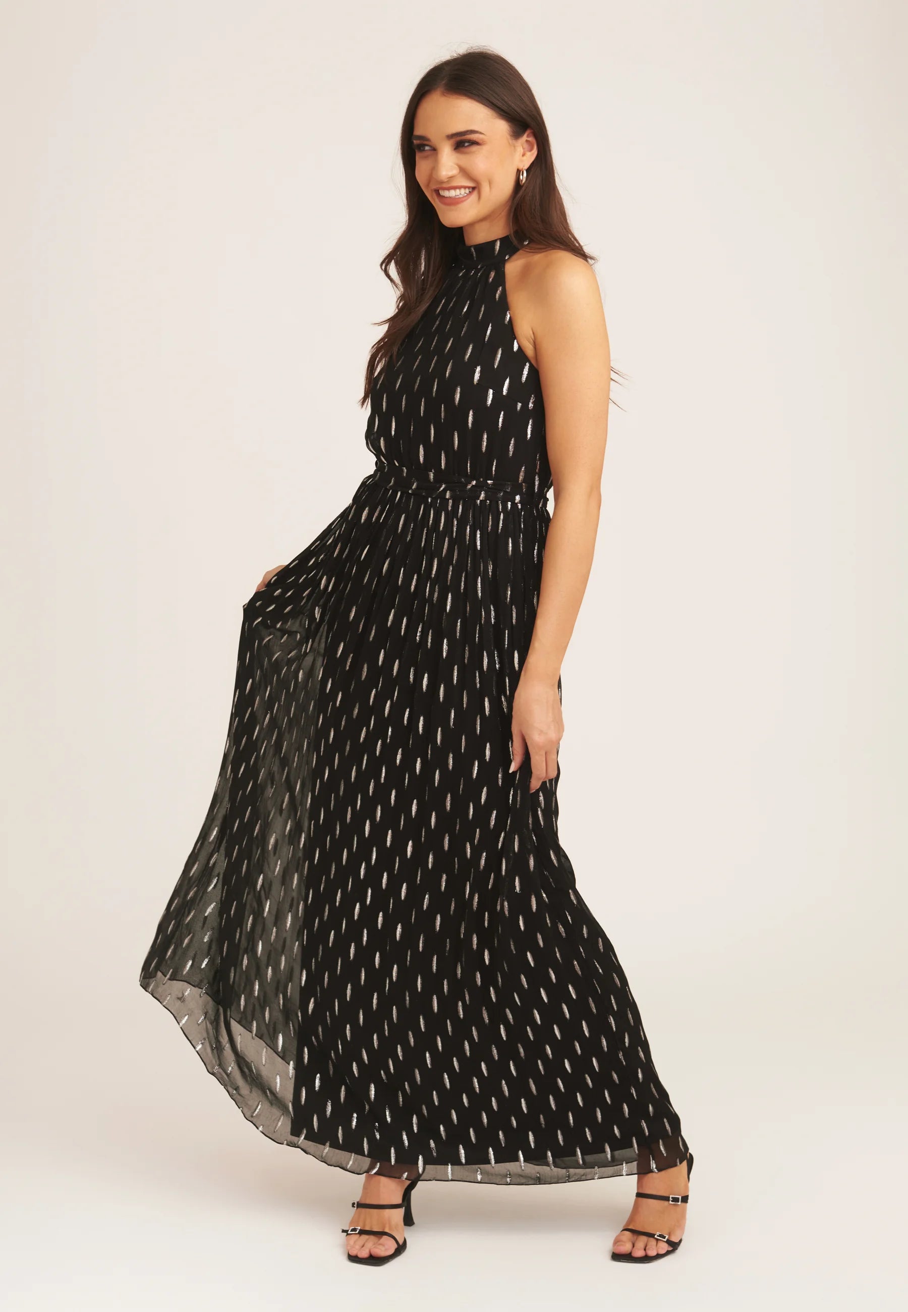 Black Jacquard Halter Neck Maxi Dress