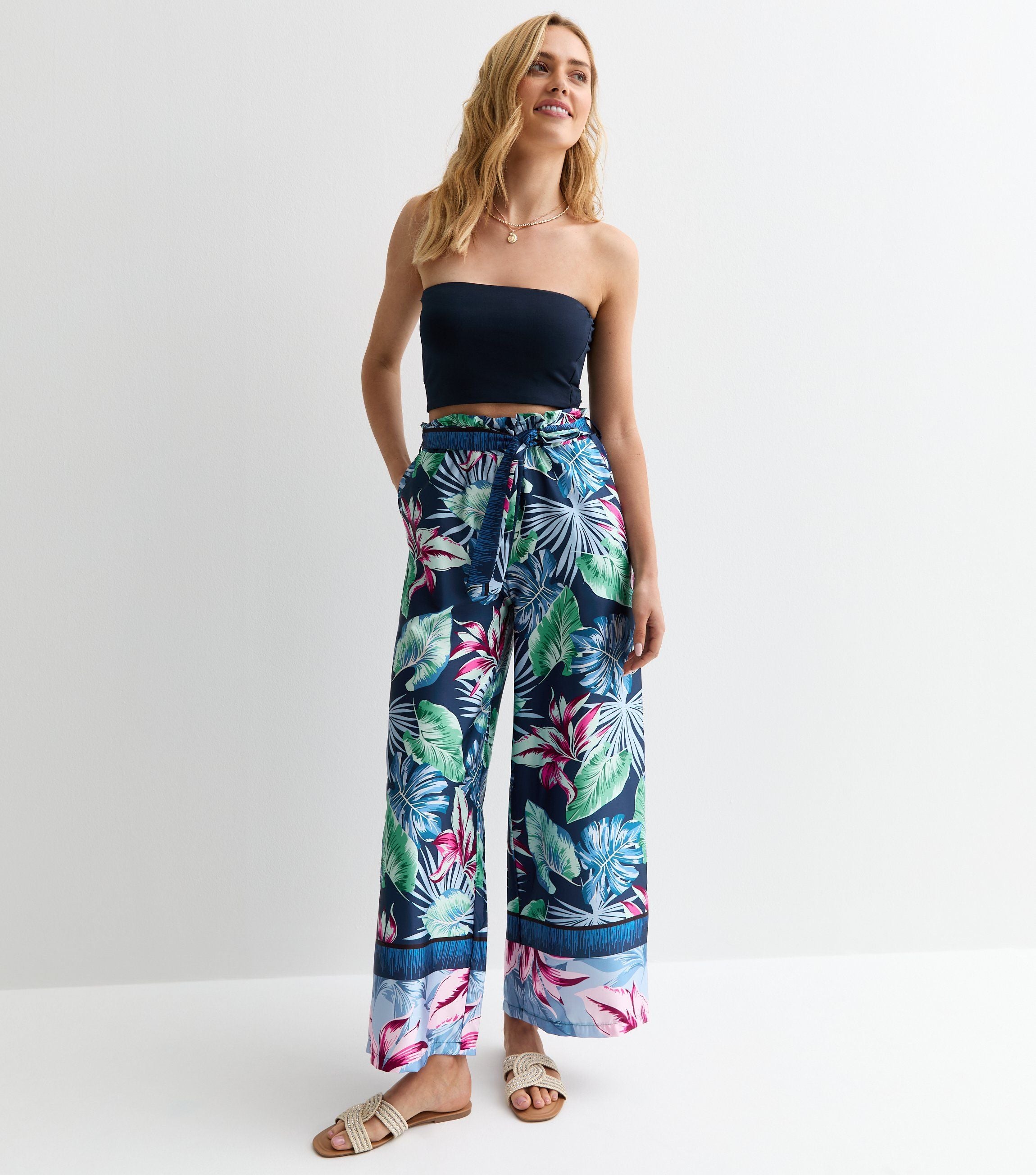 Blue Tropical Print Belted Wide Leg Trousers