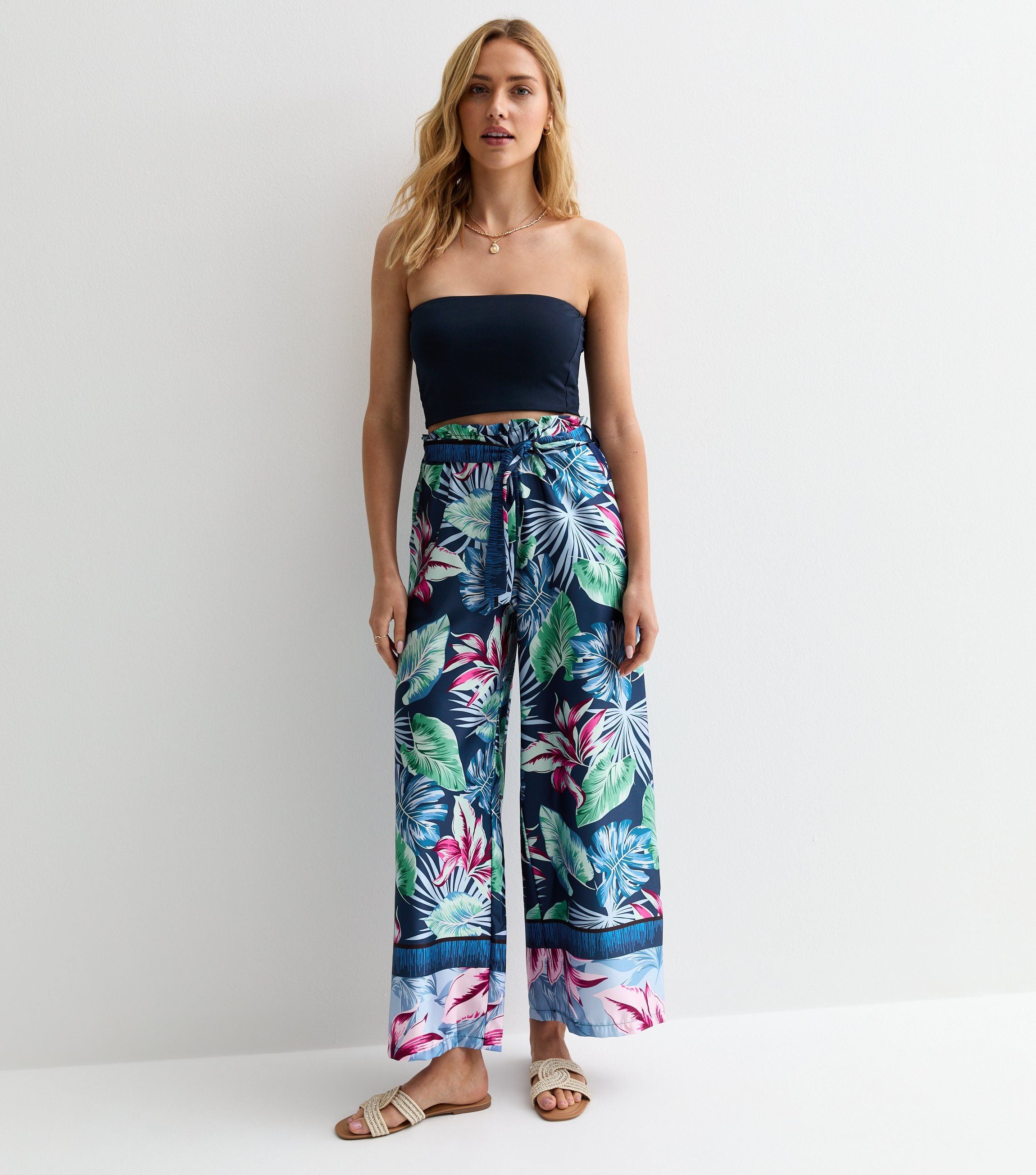 Blue Tropical Print Belted Wide Leg Trousers