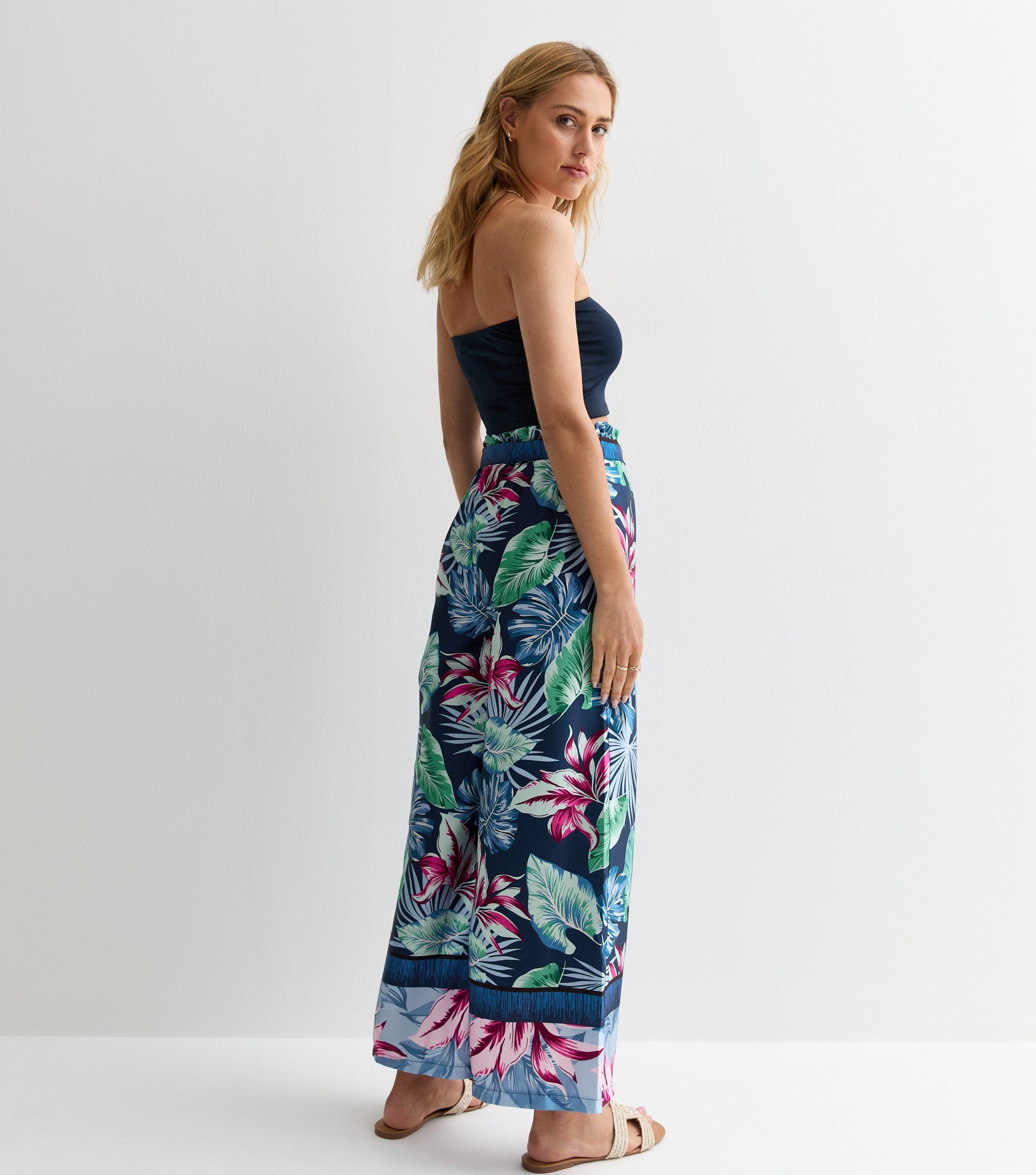 Blue Tropical Print Belted Wide Leg Trousers