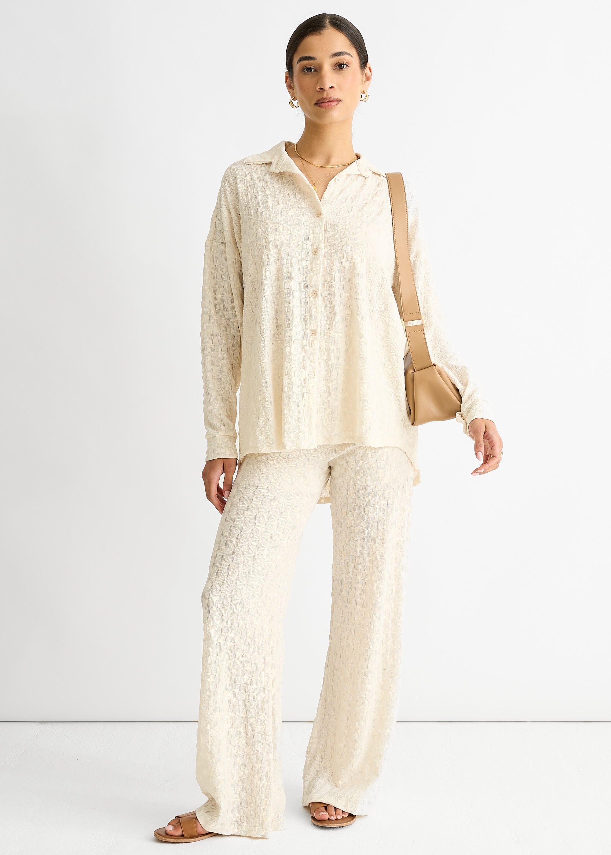 Beige Textured Oversized Long Sleeves Shirt