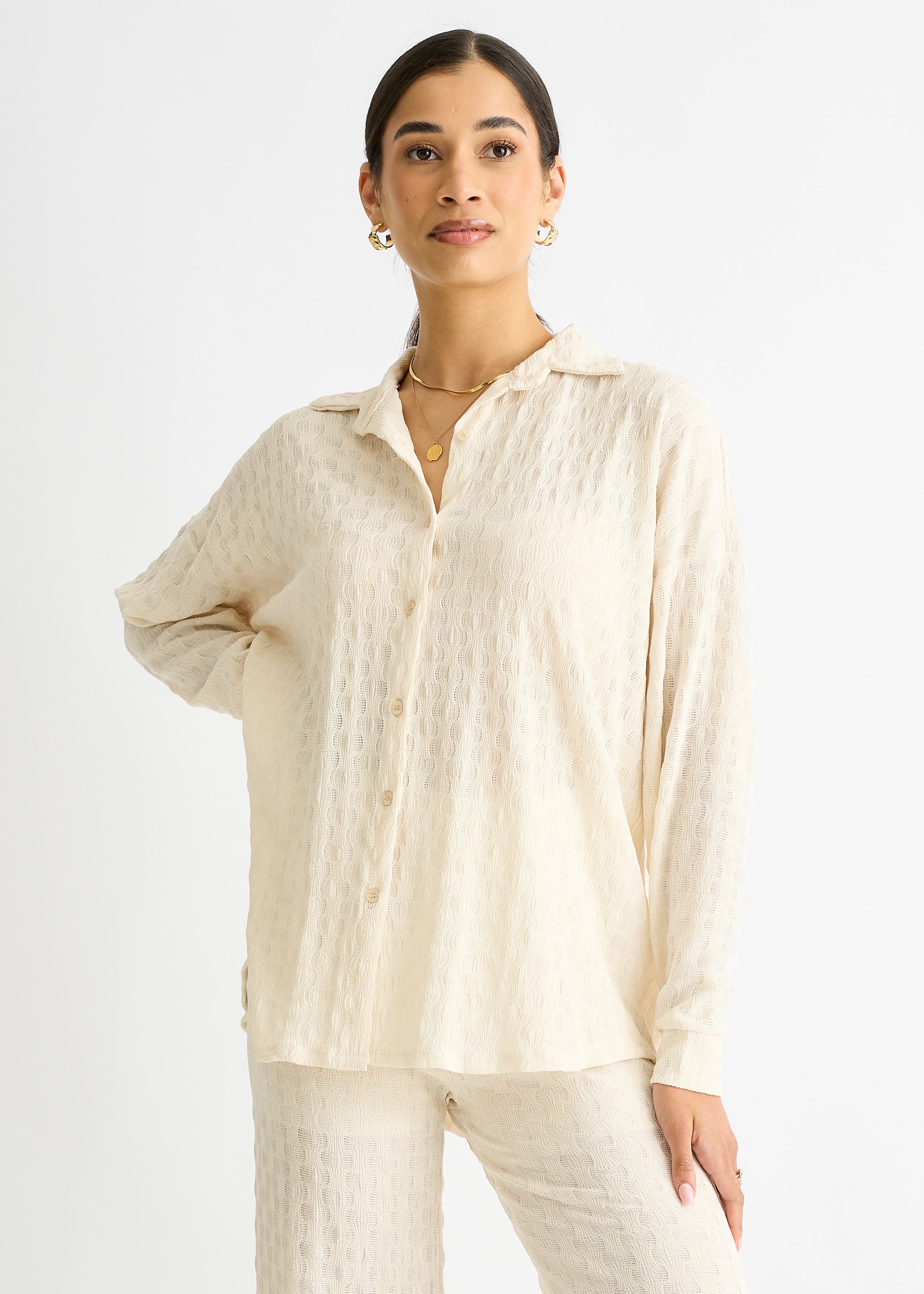 Beige Textured Oversized Long Sleeves Shirt