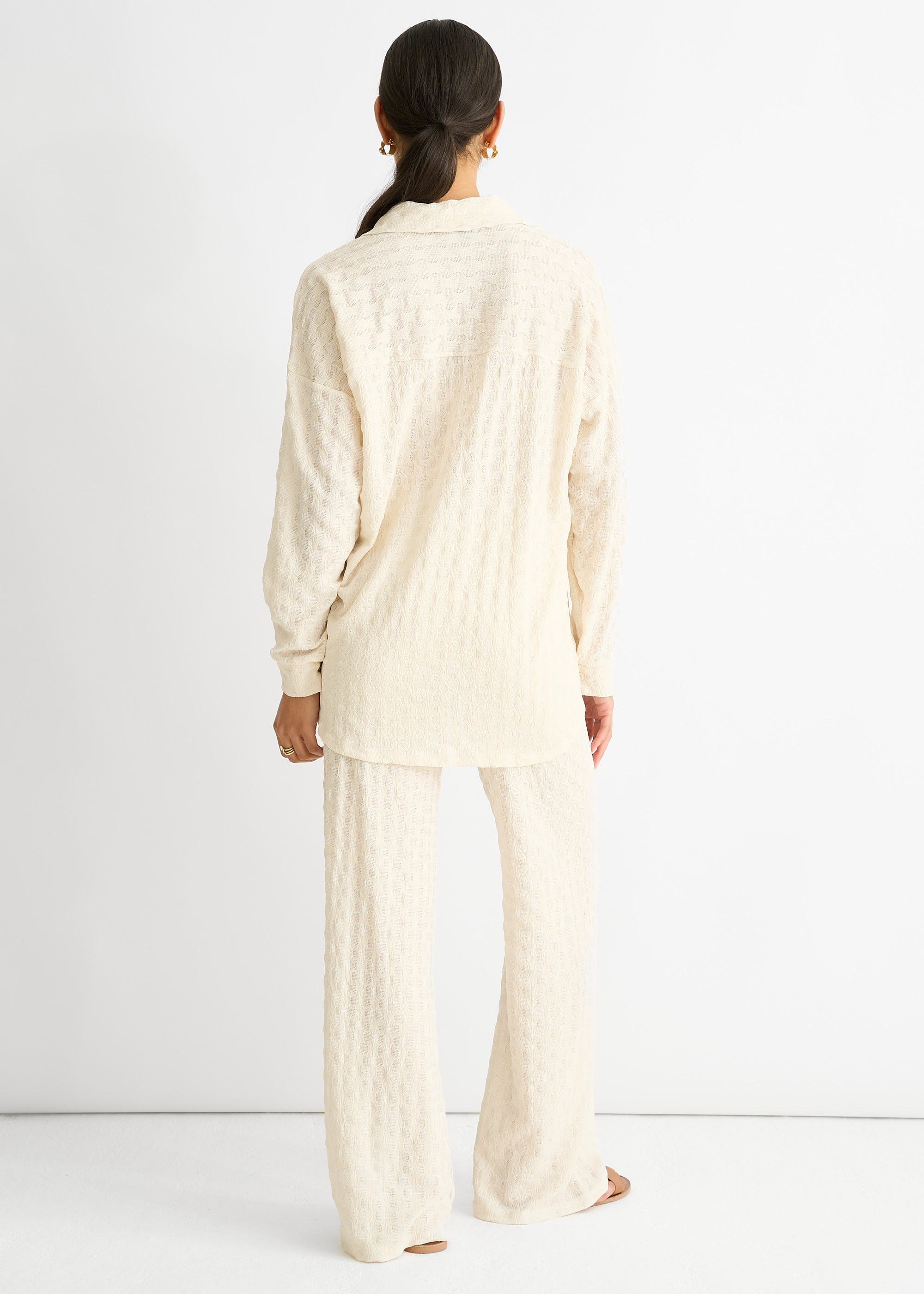 Beige Textured Oversized Long Sleeves Shirt