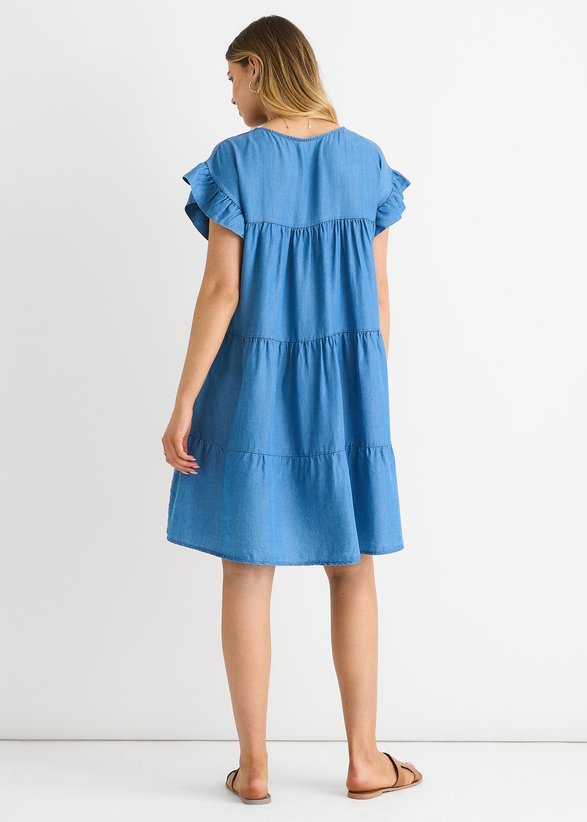 Denim Blue Chambray Frill Sleeves Flared Mini Dress