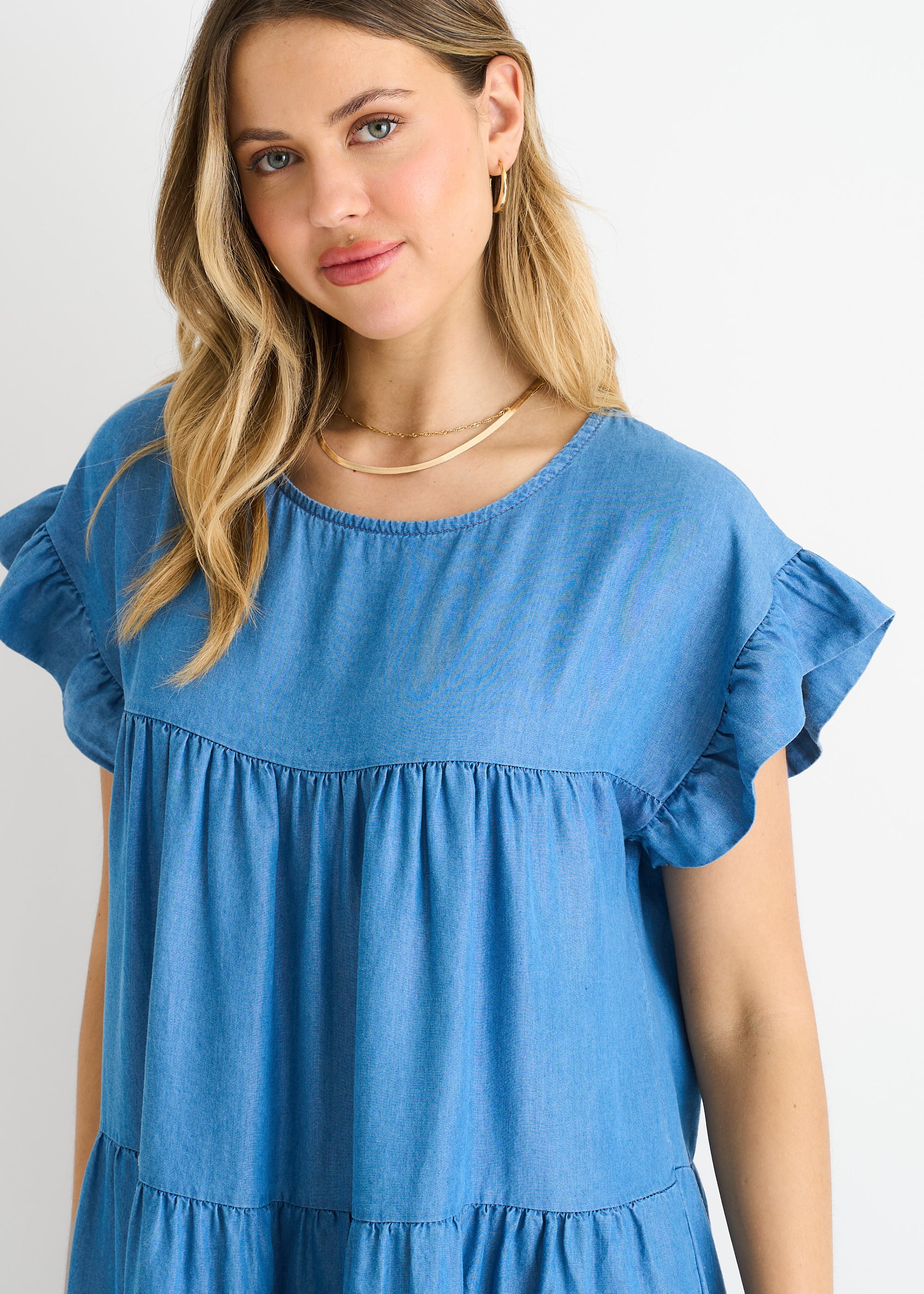 Denim Blue Chambray Frill Sleeves Flared Mini Dress