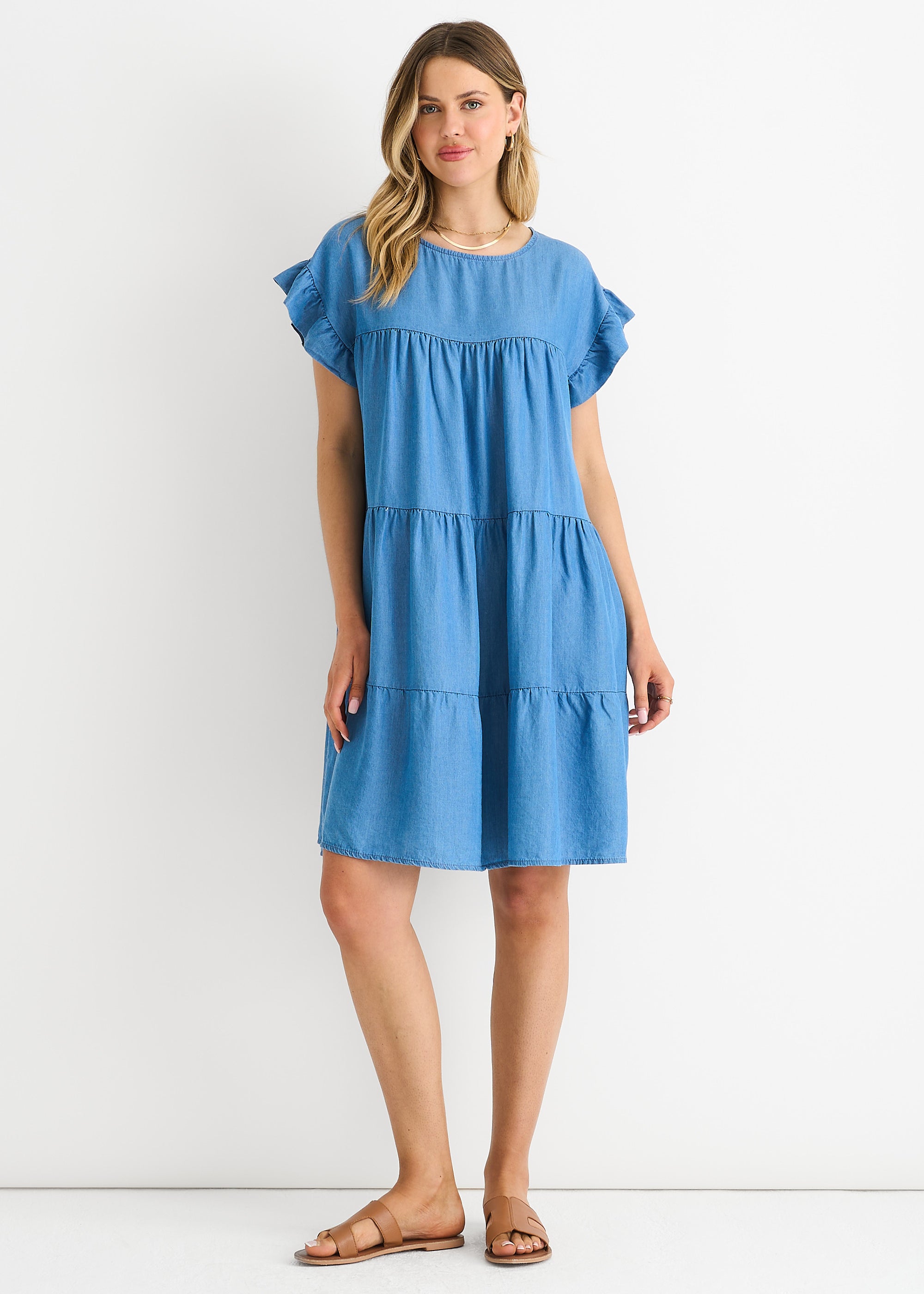 Denim Blue Chambray Frill Sleeves Flared Mini Dress