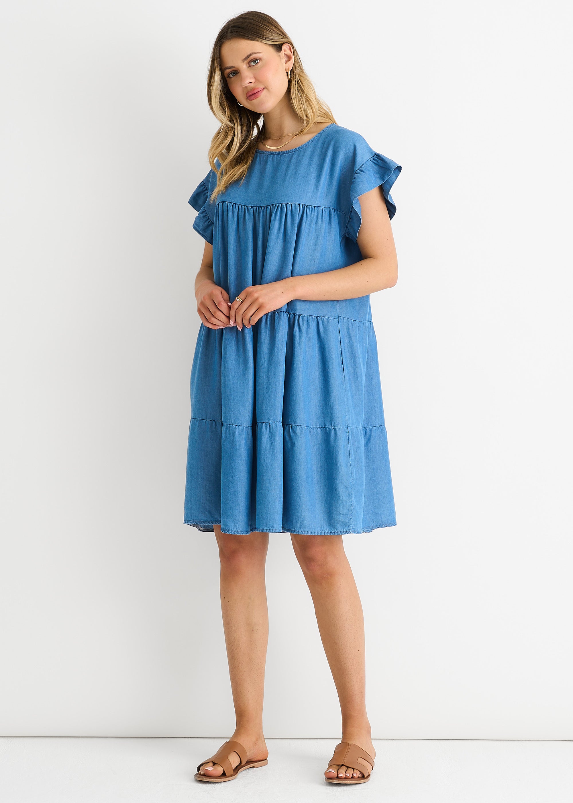 Denim Blue Chambray Frill Sleeves Flared Mini Dress