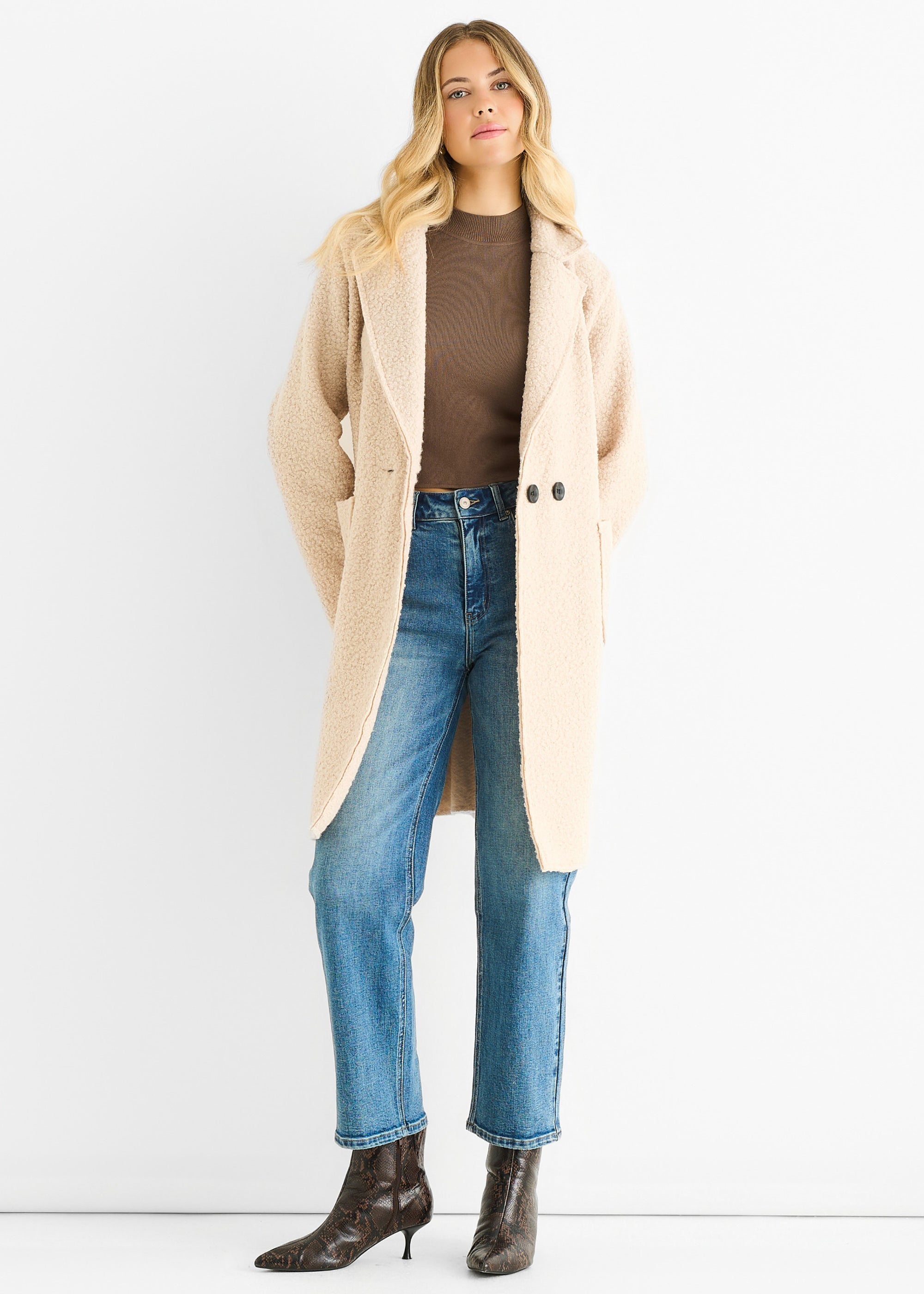 Beige Shearling Mid Length Double Breasted Jacket