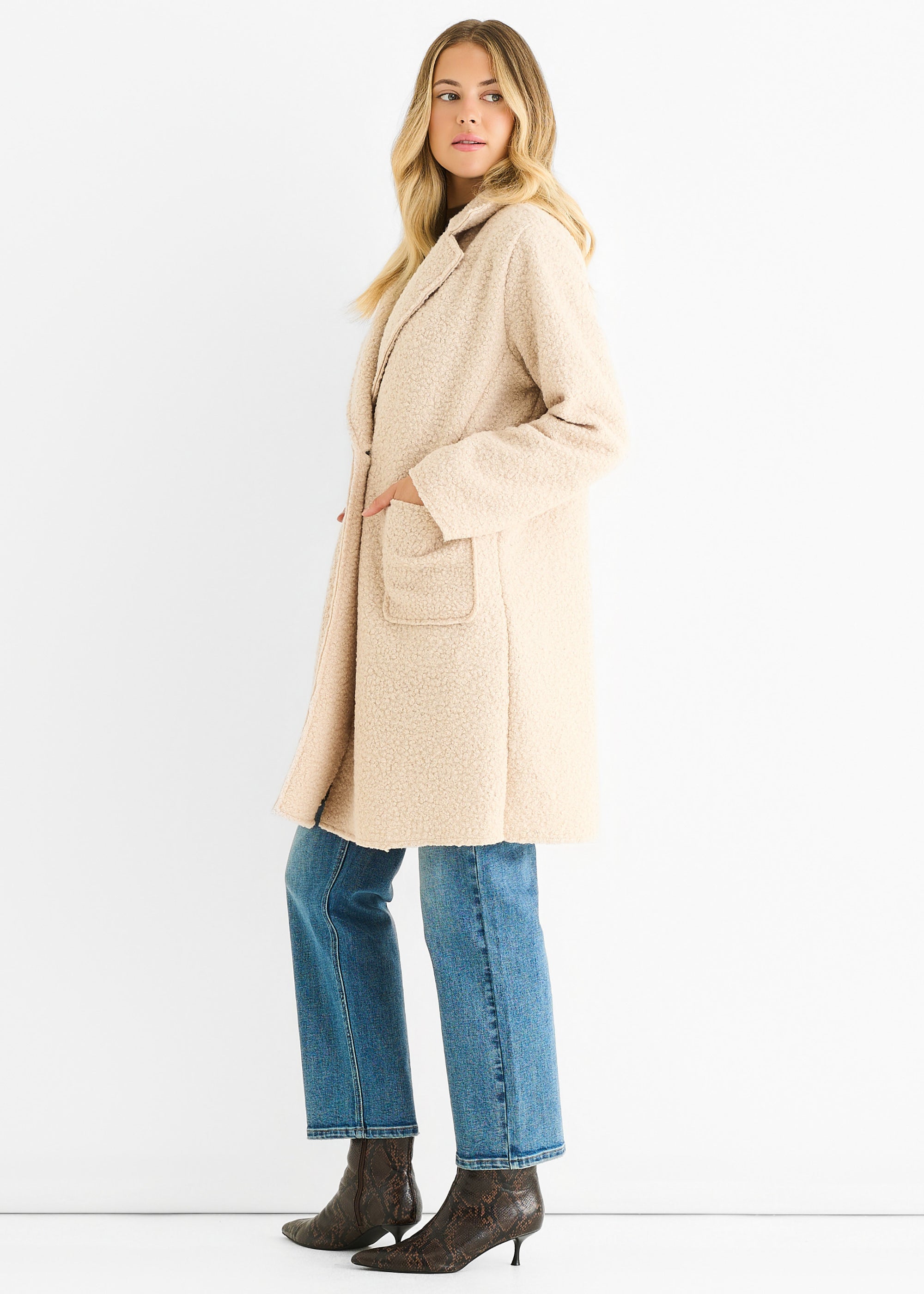 Beige Shearling Mid Length Double Breasted Jacket