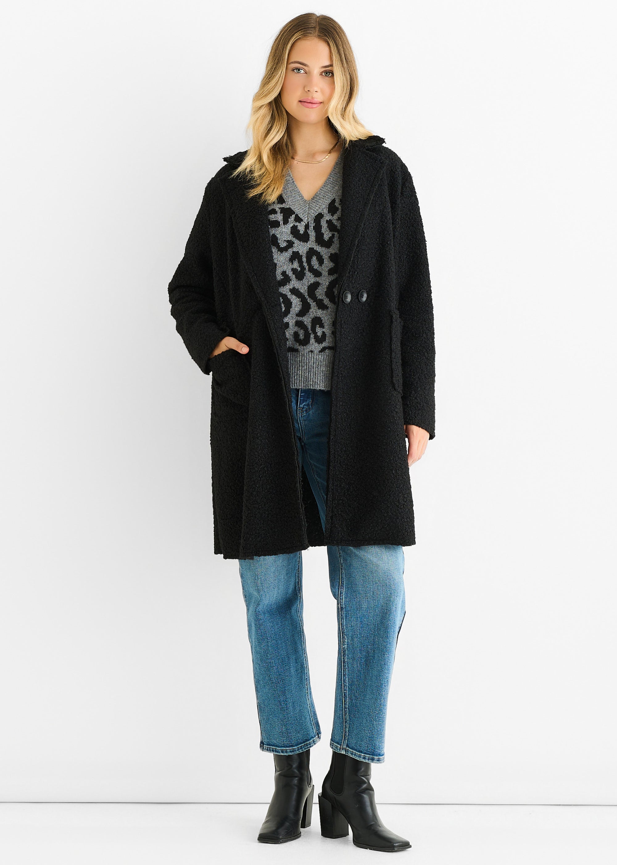Black Shearling Mid Length Double Breasted Jacket