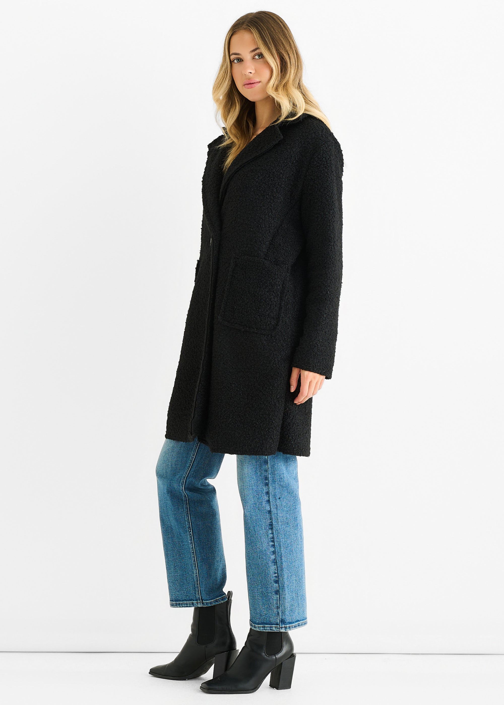 Black Shearling Mid Length Double Breasted Jacket