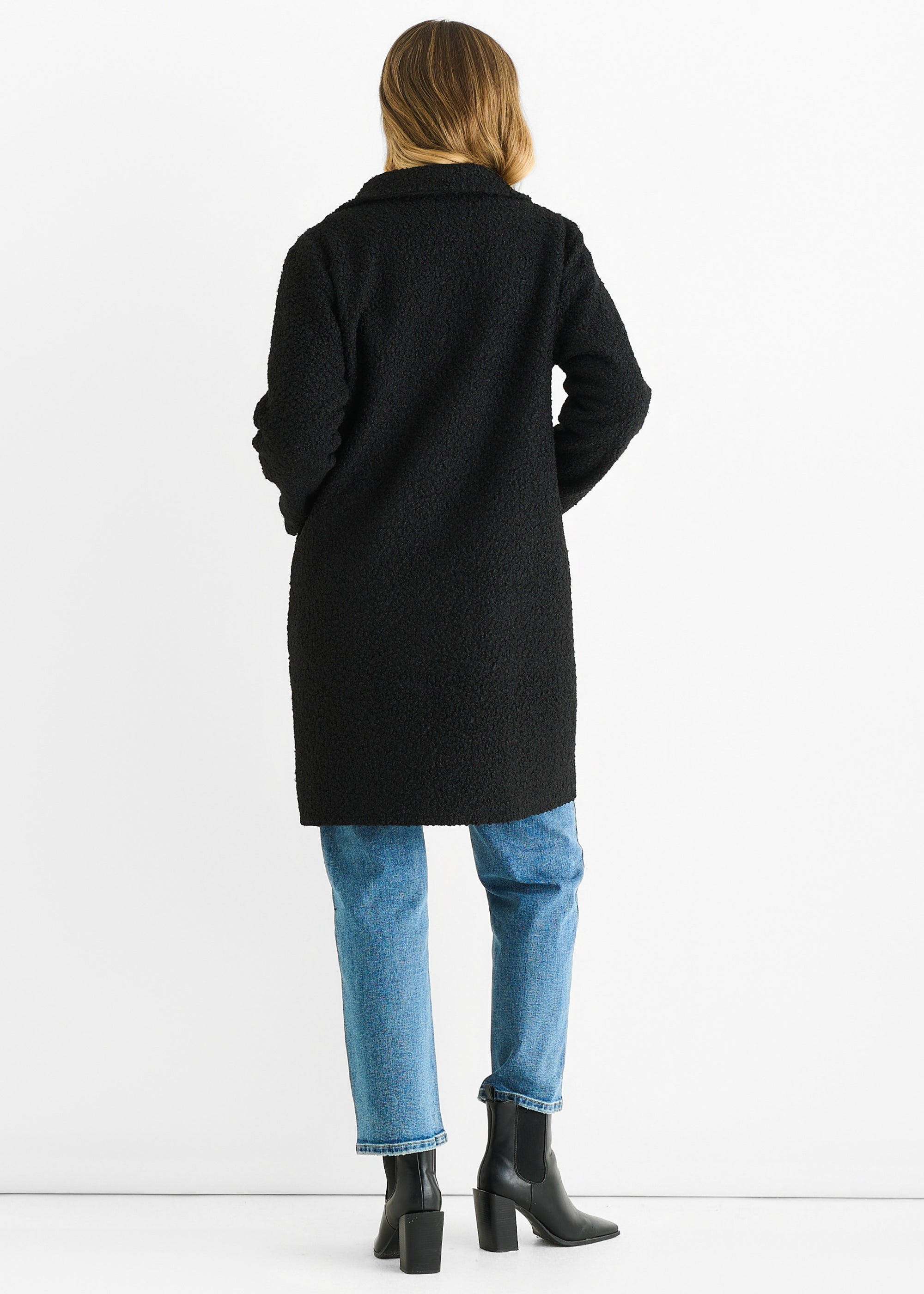 Black Shearling Mid Length Double Breasted Jacket