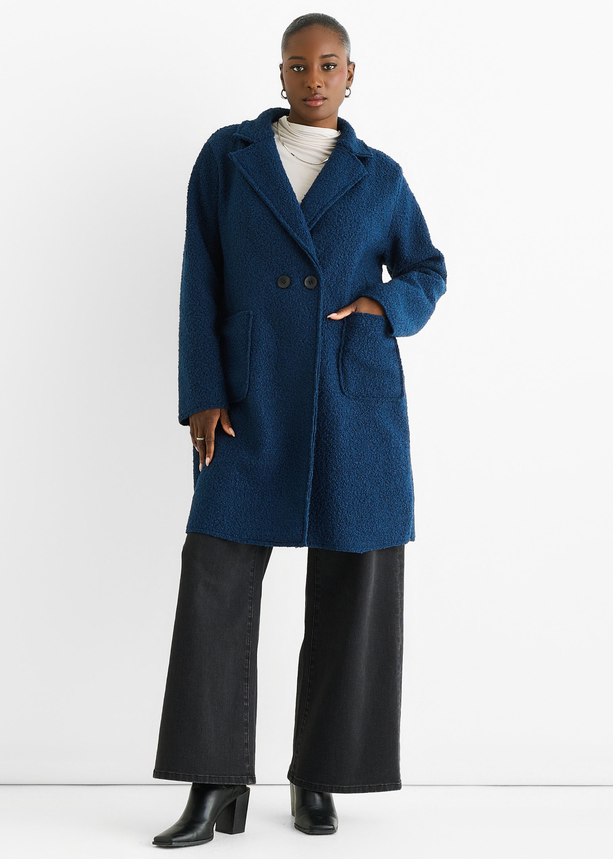 Navy Shearling Mid Length Double Breasted Jacket