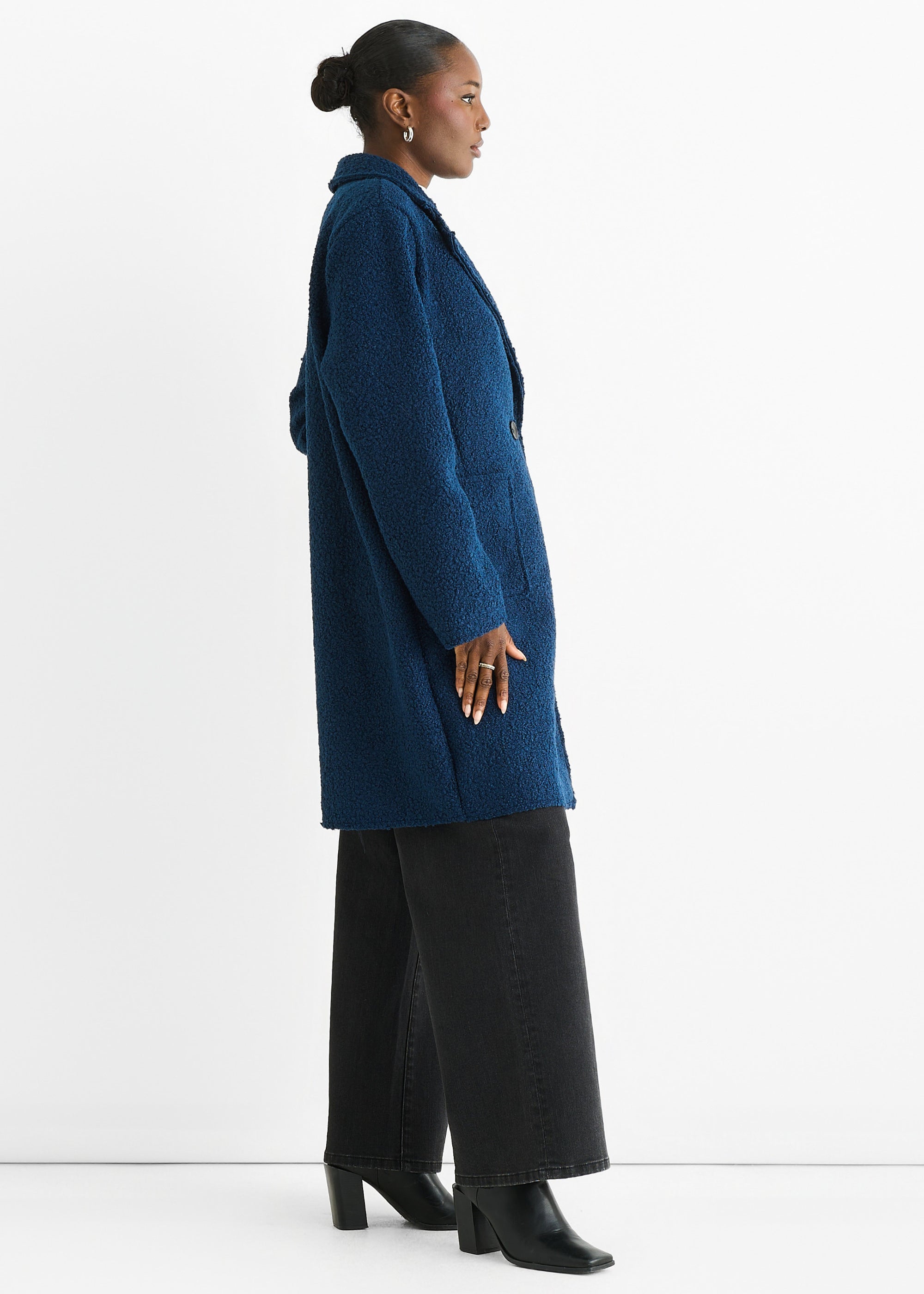 Navy Shearling Mid Length Double Breasted Jacket