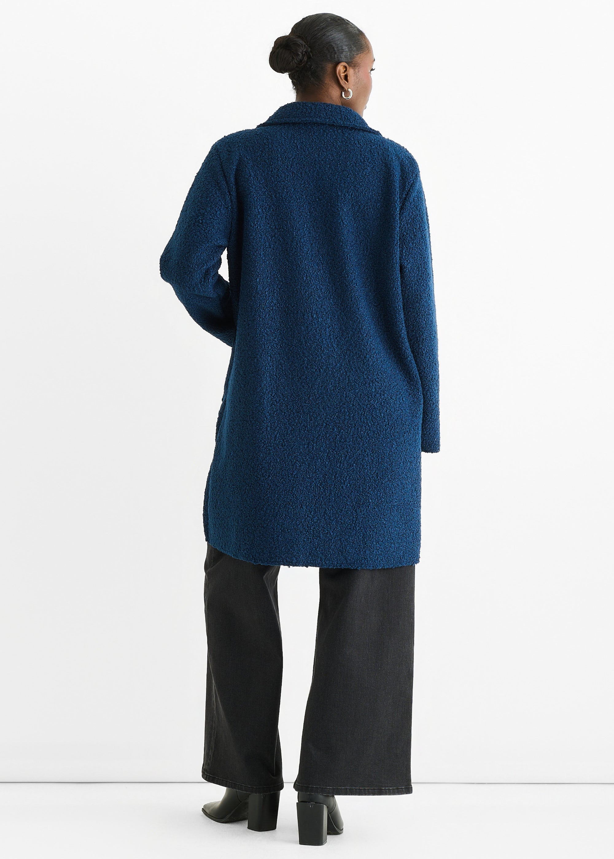 Navy Shearling Mid Length Double Breasted Jacket